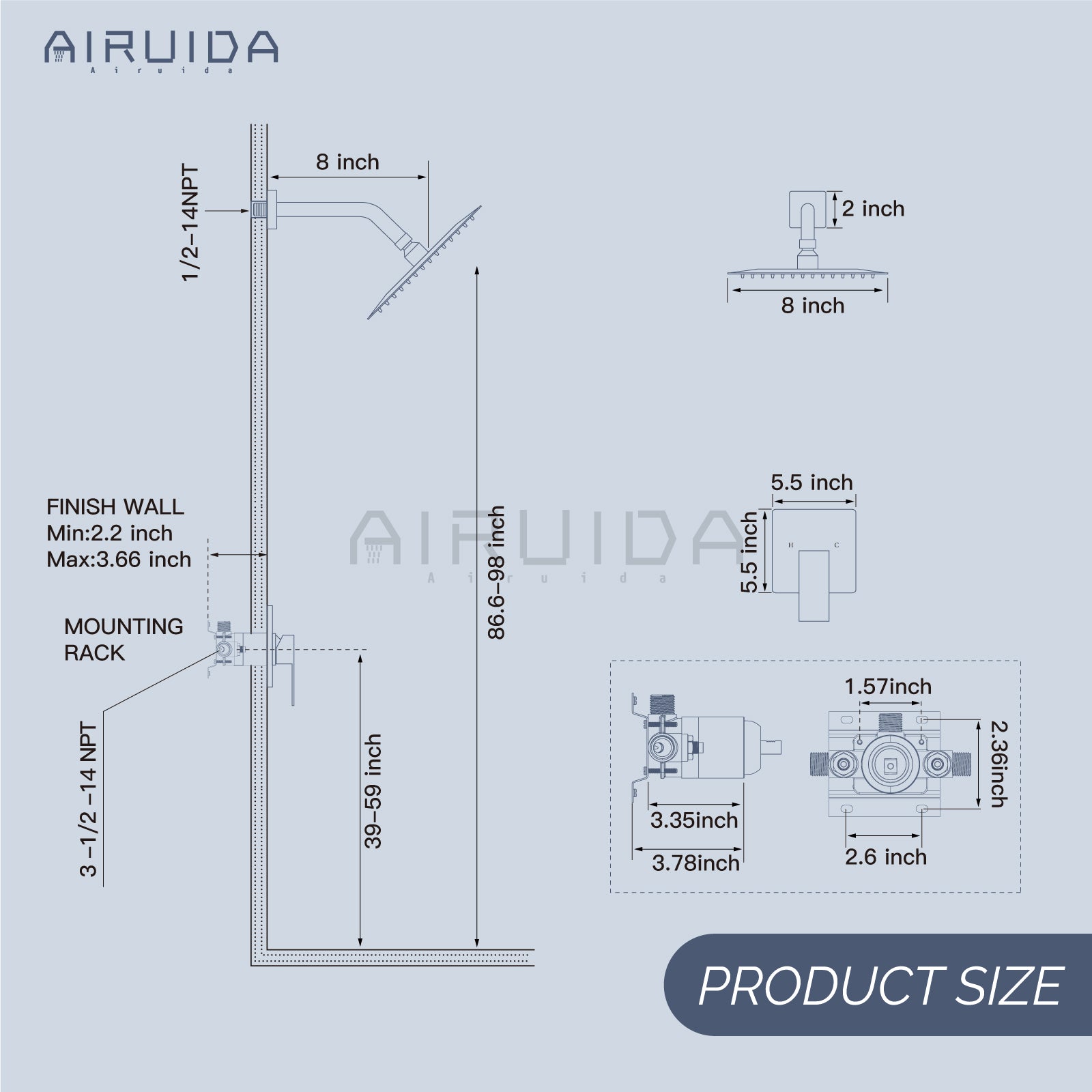 Airuida Shower Faucet Set Bathroom Rain Shower System 8 Inch Square Showerhead Single Function Single Handle Shower Trim Kit With Thread Rough-in Valve