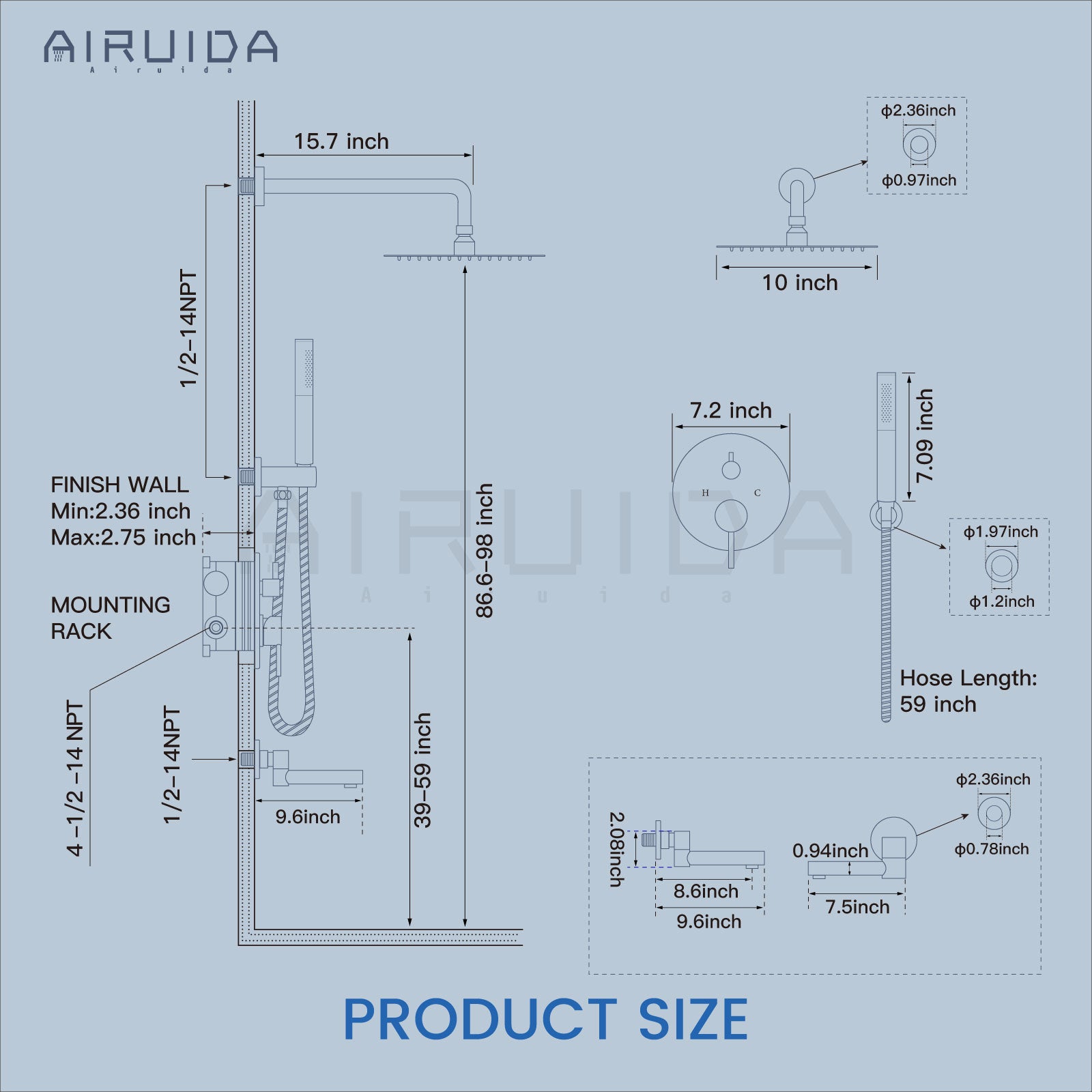 Airuida Shower System with Tub Spout 3-Function Tub Shower Faucet Set Round Rainfall Tub and Shower Faucet Combo with Rough-in Valve 2 Functions Handheld Spray 10 Inch Shower Head Matte Black