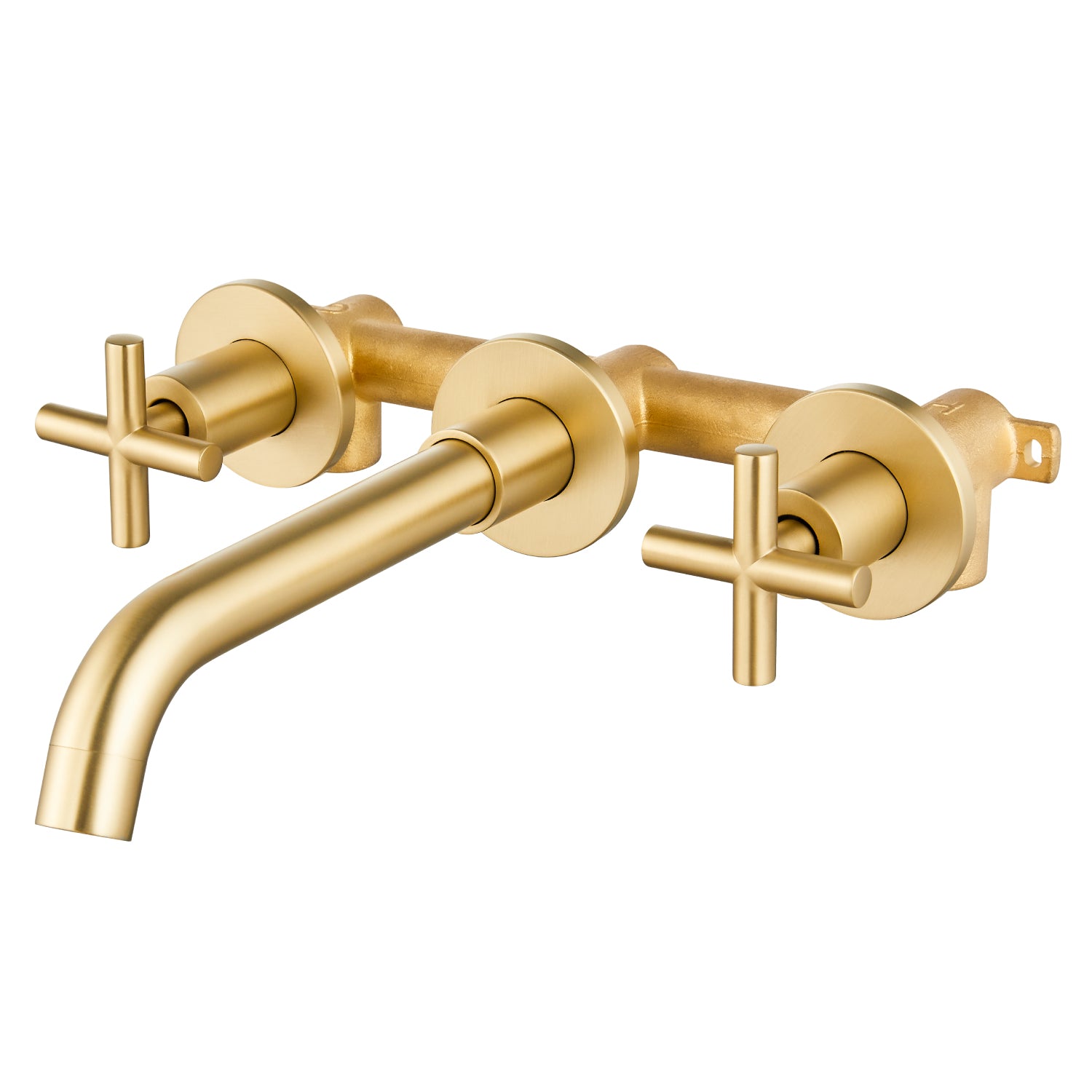 Airuida Wall Mount Bathroom Faucet Solid Brass Widespread Bathroom 360 Swivel Spout Sink Faucet Double Handles Lavatory Basin Sink Mixing Faucet with Rough in Valve