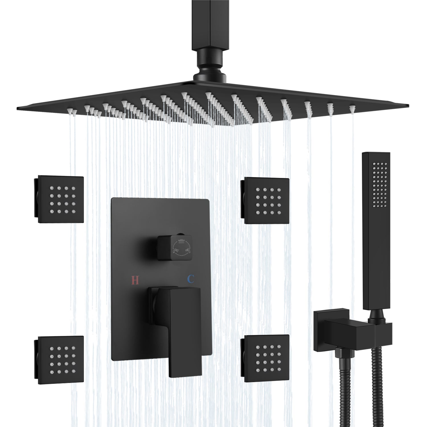 Airuida Matte Black 12 Inch Ceiling Mount Rain Shower Head with Handheld Shower Faucet Rough-in Valve SUS304 Shower Head Body Spray Jets Brass Shower Handheld Rain Mixer Shower System Set