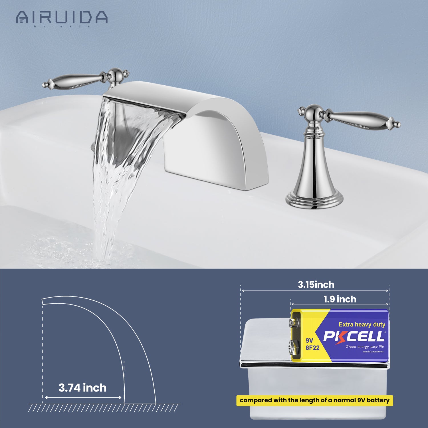 Airuida Widespread Waterfall Bathroom Faucet, Deck Mounted 8 Inch Faucet, Double Handles 3 Holes Waterfall Bathroom Faucet