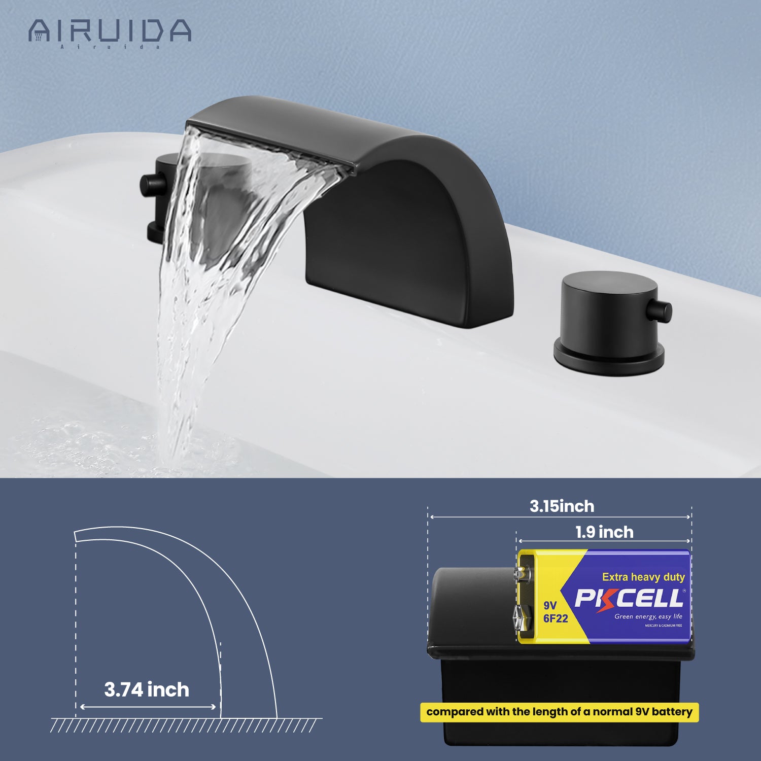 Airuida Widespread Waterfall Bathroom Faucet, Deck Mounted 8 Inch Faucet, Double Handles 3 Holes Waterfall Bathroom Faucet