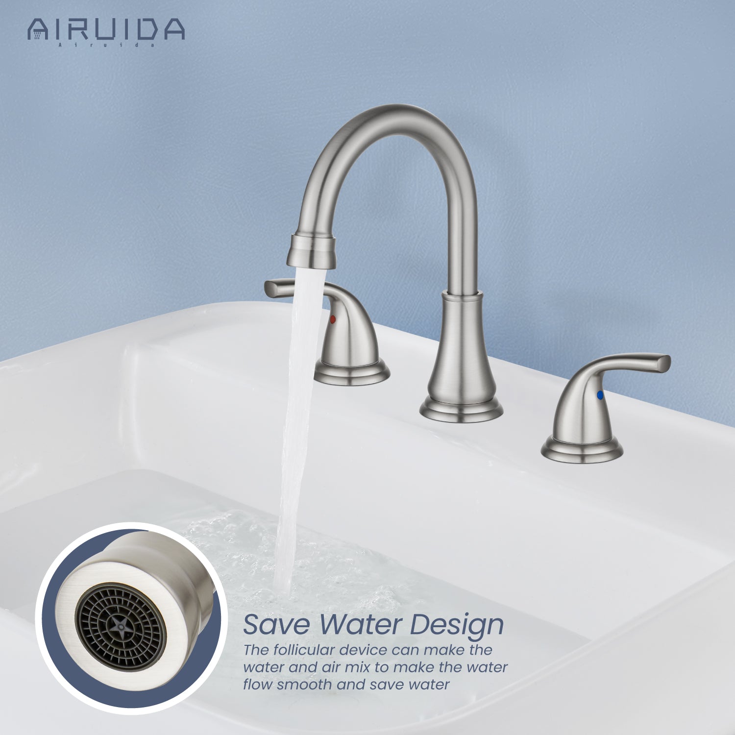 Airuida 8 Inch Widespread Bathroom Sink Faucet 2 Handles 3 Holes 360 Degree Swivel Spout Stainless Steel Lavatory Vanity Faucets Bathroom Faucets