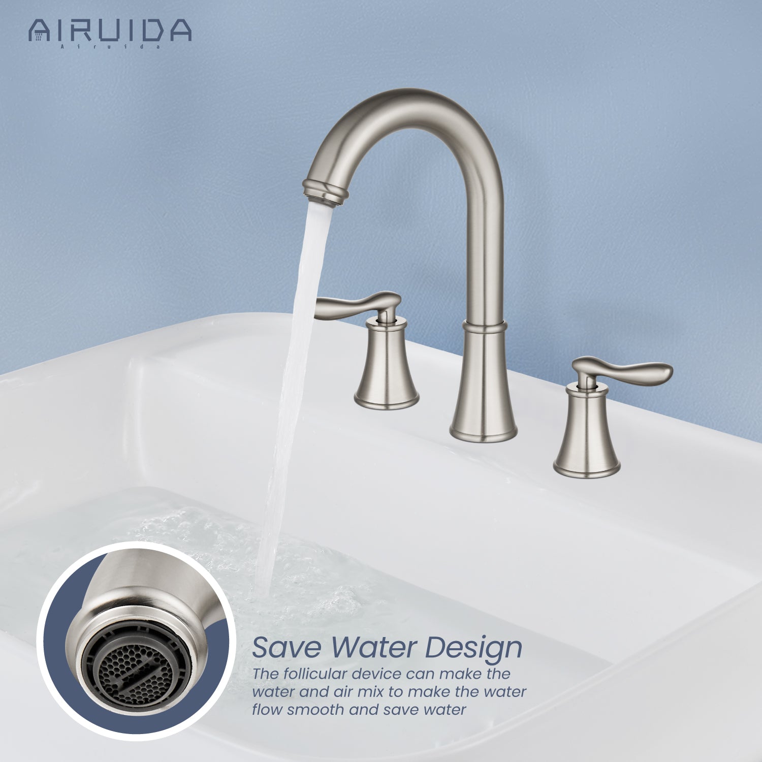 Airuida 8 Inch Widespread Bathroom Sink Faucet 2 Handles 3 Holes 360 Degree Swivel Spout Stainless Steel Lavatory Vanity Faucets Bathroom Faucets