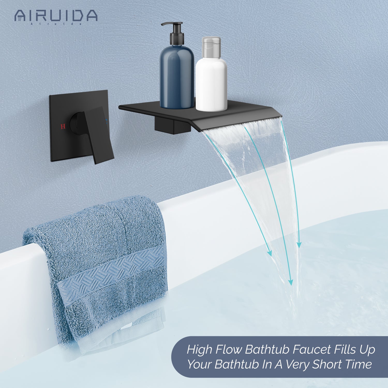 Airuida Waterfall Bathtub Faucet Set Wall Mount Tub Filler Tub Spout Shower Faucet Set with Solid Brass Rough-in Valve Trim Kit