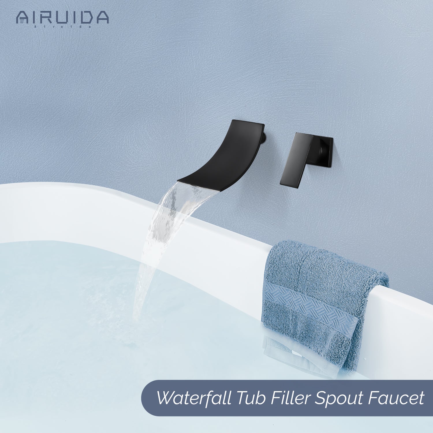 Airuida Wall Mount Wall Mount Bathtub Faucet, Tub Filler with Waterfall Tub Spout, Single Handle Bathroom Mixer Tap Brass Rough-in Valve Included