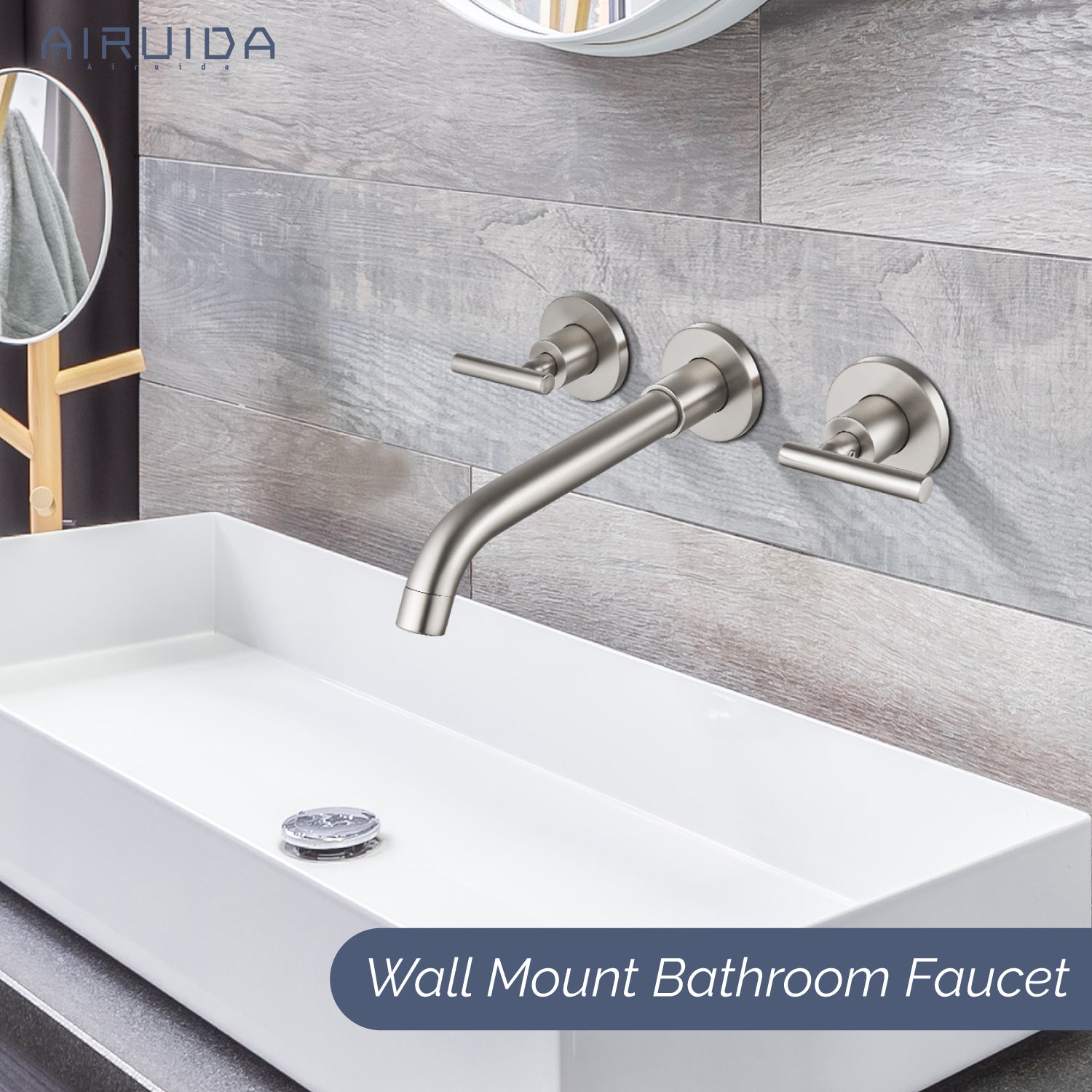 Airuida Wall Mount Bathroom Faucet Solid Brass Widespread Bathroom 360 Swivel Spout Sink Faucet Double Handles Lavatory Basin Sink Mixing Faucet with Rough in Valve