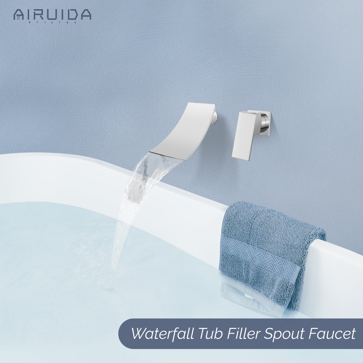 Airuida Wall Mount Wall Mount Bathtub Faucet, Tub Filler with Waterfall Tub Spout, Single Handle Bathroom Mixer Tap Brass Rough-in Valve Included