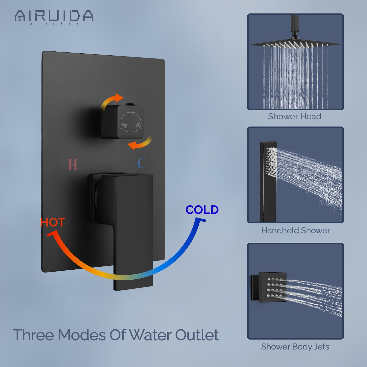 Airuida Matte Black 12 Inch Ceiling Mount Rain Shower Head with Handheld Shower Faucet Rough-in Valve SUS304 Shower Head Body Spray Jets Brass Shower Handheld Rain Mixer Shower System Set