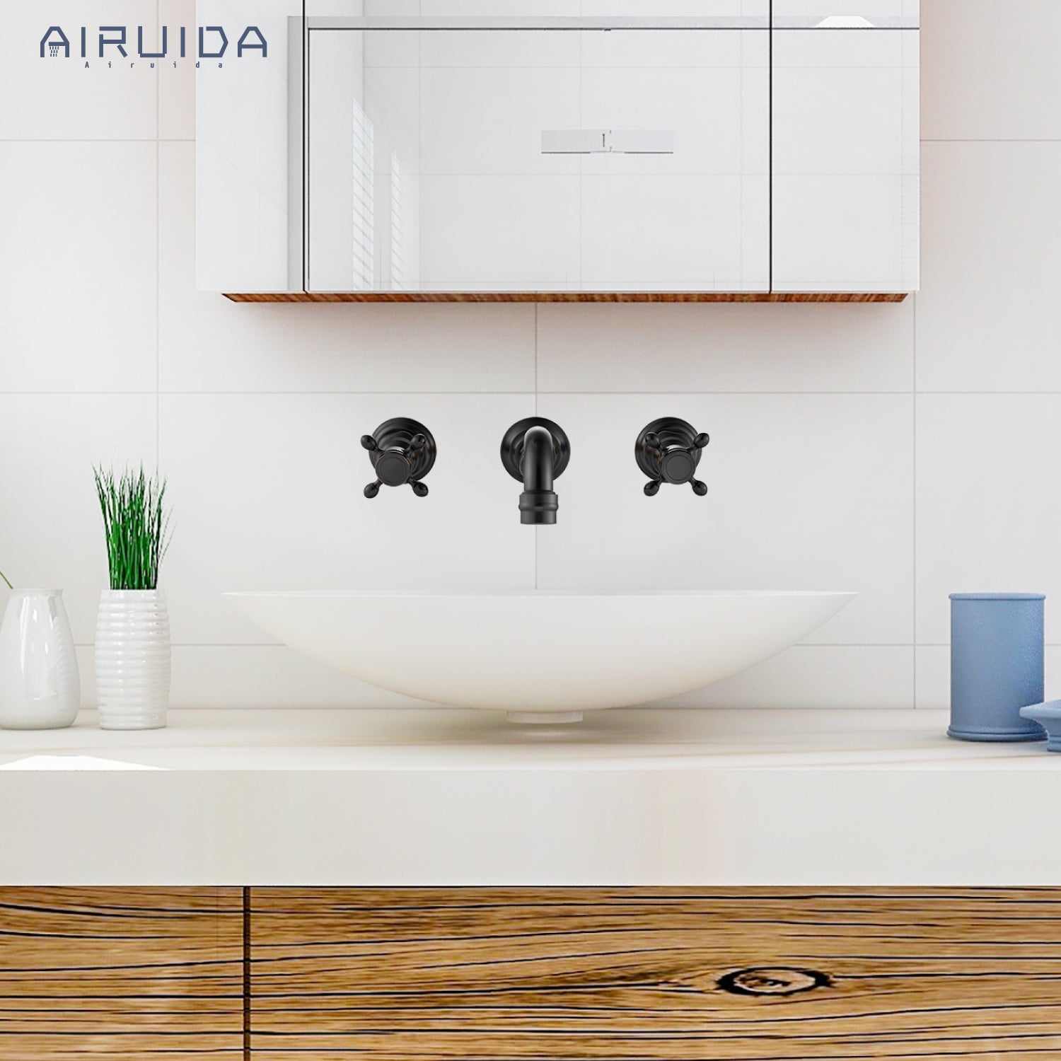 Airuida Wall Mount Faucet, Widespread Wall Mount Bathroom Sink Faucet, 360 Swivel Spout 2 Cross Knobs Handles 3 Holes Lavatory Basin Sink Mixing Faucet with Rough in Valve