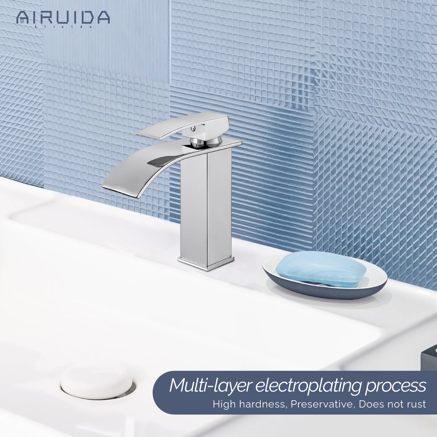 Airuida Waterfall Spout Bathroom Faucet, Single Handle Single Hole Bathroom Sink Faucet-Deck Mount with Deck Plate, Rv Lavatory Vanity Faucet
