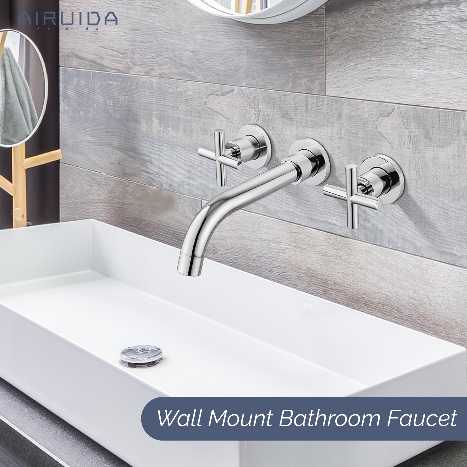 Airuida Wall Mount Bathroom Faucet Solid Brass Widespread Bathroom 360 Swivel Spout Sink Faucet Double Handles Lavatory Basin Sink Mixing Faucet with Rough in Valve