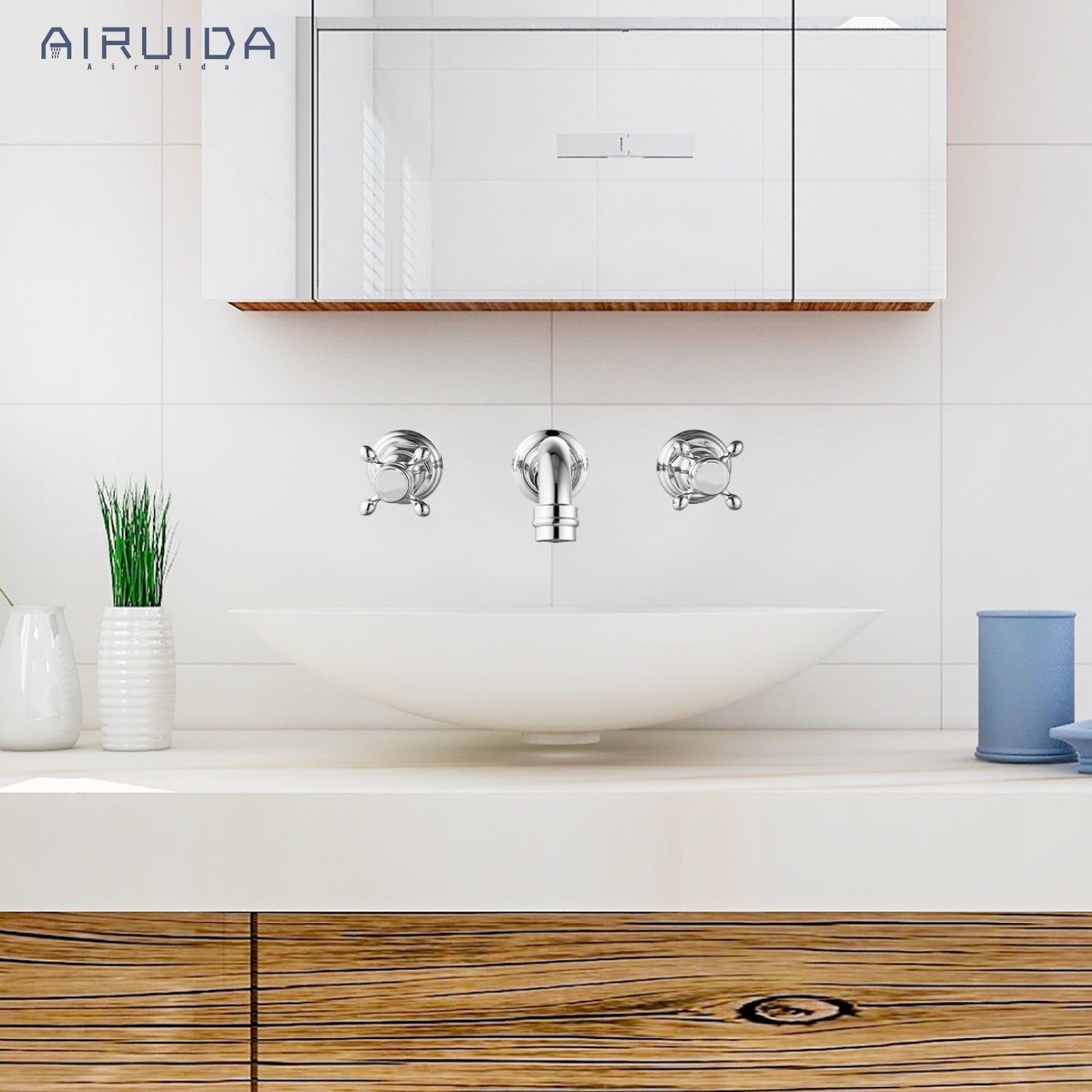 Airuida Wall Mount Faucet, Widespread Wall Mount Bathroom Sink Faucet, 360 Swivel Spout 2 Cross Knobs Handles 3 Holes Lavatory Basin Sink Mixing Faucet with Rough in Valve