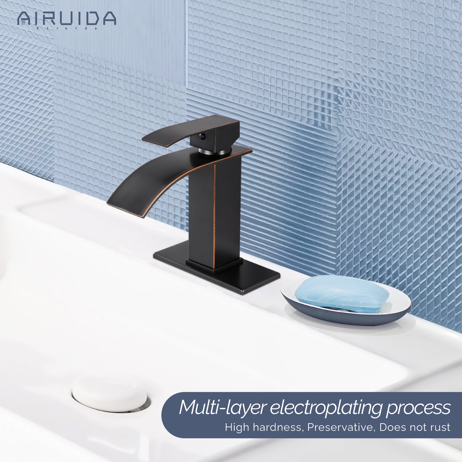 Airuida Waterfall Spout Bathroom Faucet, Single Handle Single Hole Bathroom Sink Faucet-Deck Mount with Deck Plate, Rv Lavatory Vanity Faucet