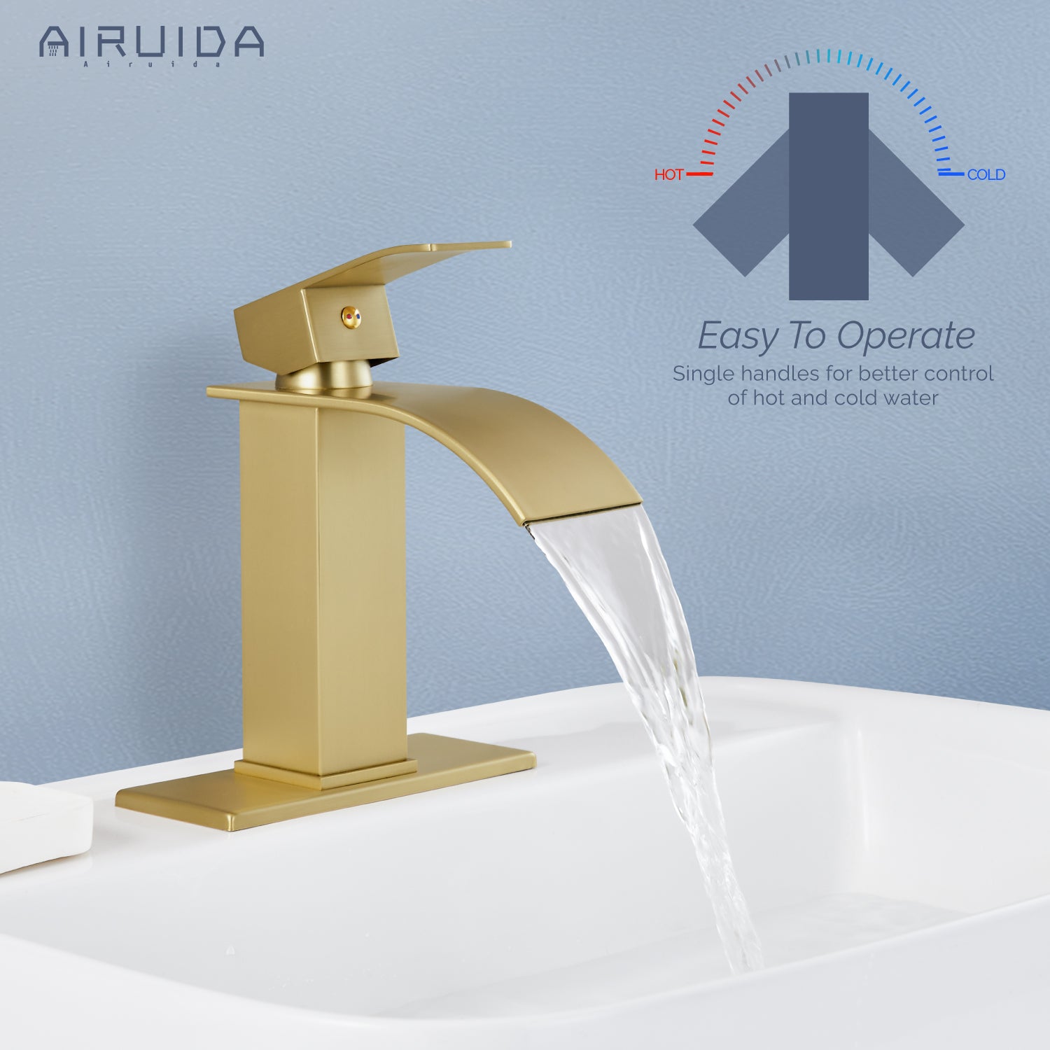 Airuida Waterfall Spout Bathroom Faucet, Single Handle Single Hole Bathroom Sink Faucet-Deck Mount with Deck Plate, Rv Lavatory Vanity Faucet