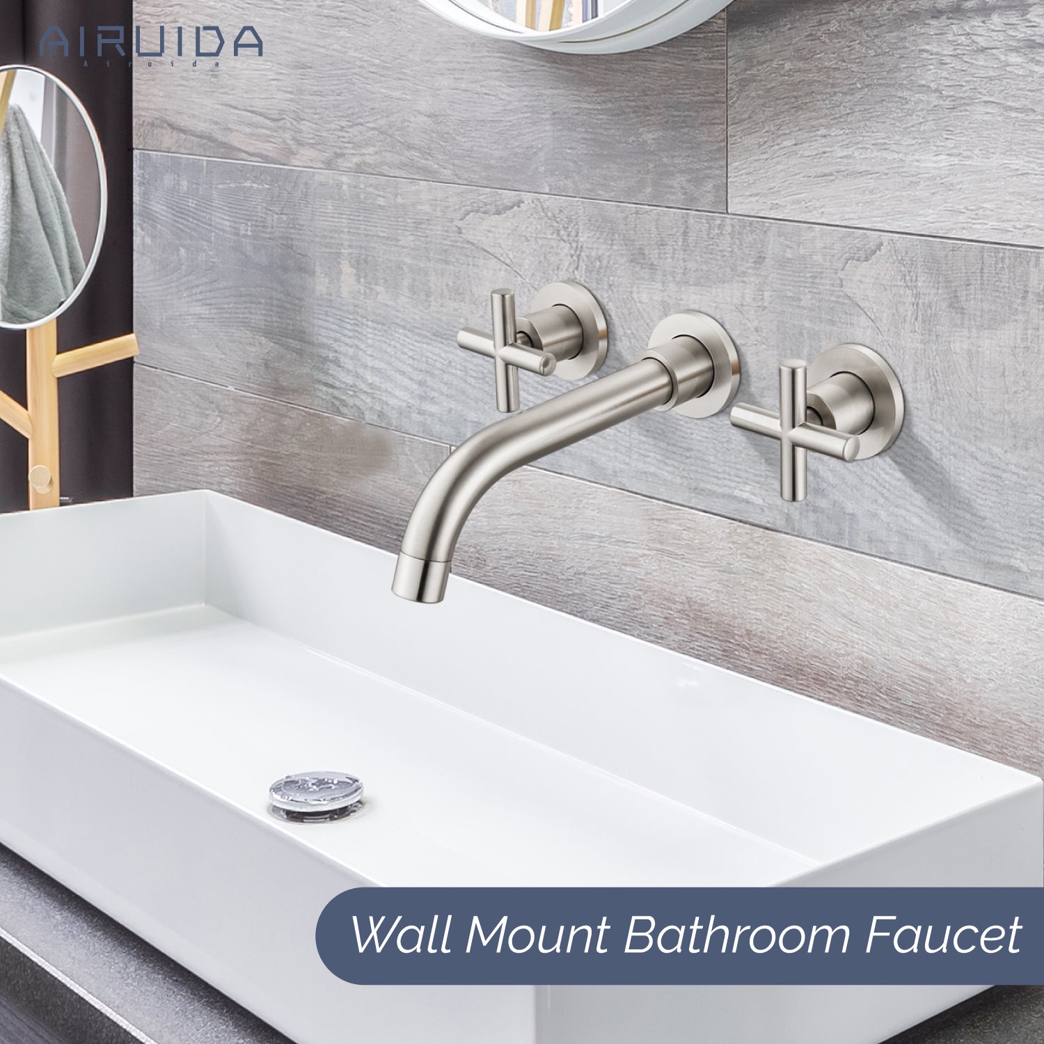 Airuida Wall Mount Bathroom Faucet Solid Brass Widespread Bathroom 360 Swivel Spout Sink Faucet Double Handles Lavatory Basin Sink Mixing Faucet with Rough in Valve