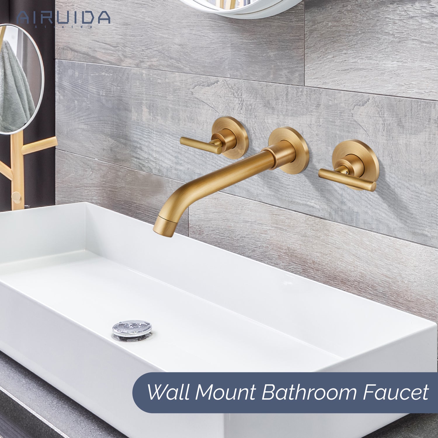 Airuida Wall Mount Bathroom Faucet Solid Brass Widespread Bathroom 360 Swivel Spout Sink Faucet Double Handles Lavatory Basin Sink Mixing Faucet with Rough in Valve