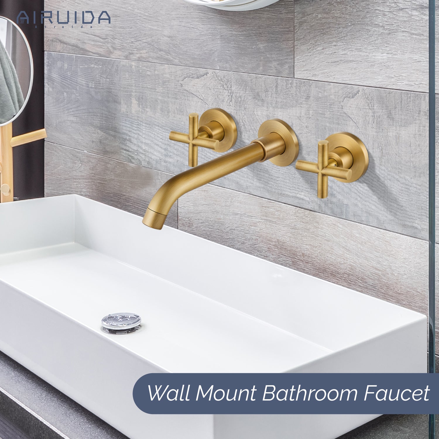 Airuida Wall Mount Bathroom Faucet Solid Brass Widespread Bathroom 360 Swivel Spout Sink Faucet Double Handles Lavatory Basin Sink Mixing Faucet with Rough in Valve