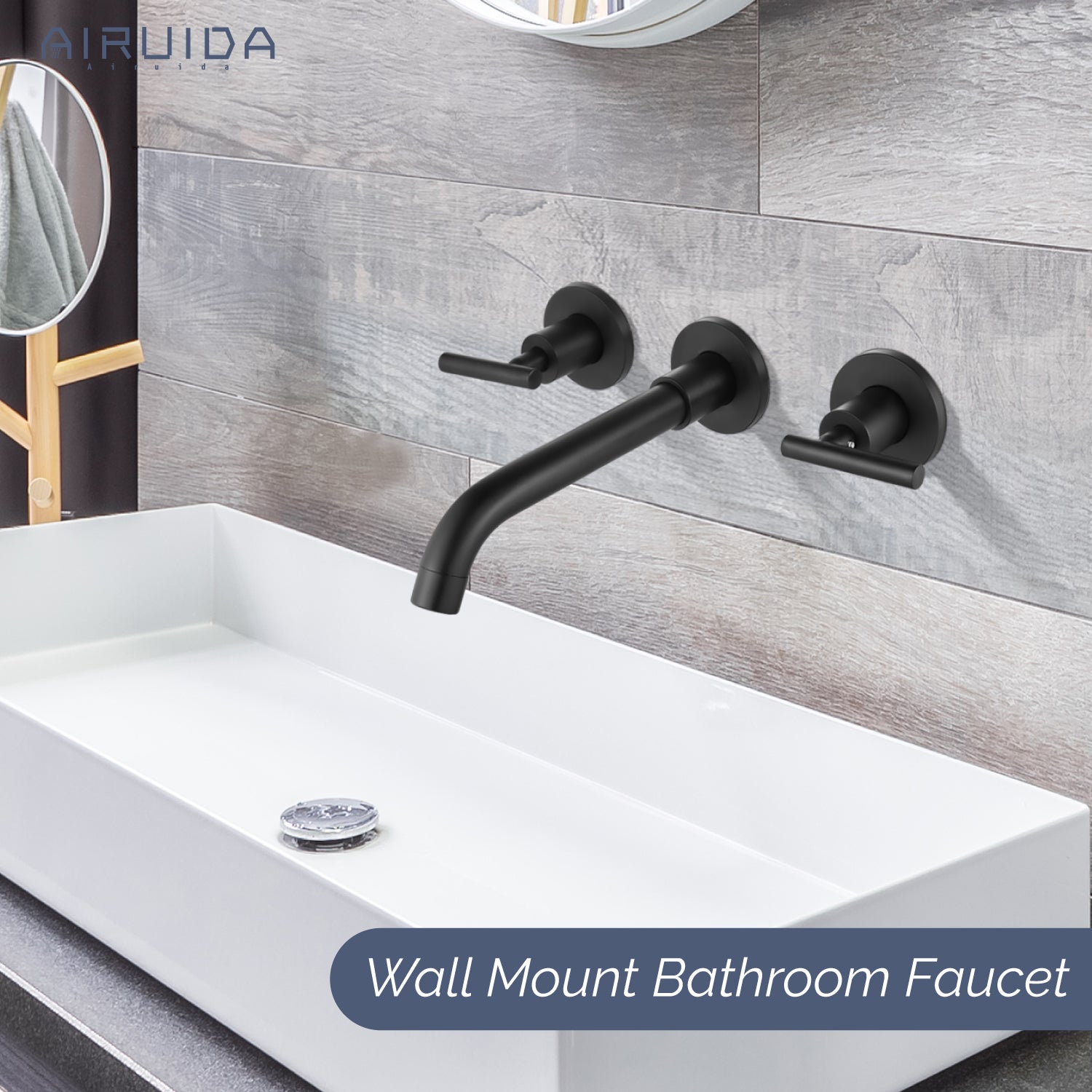 Airuida Wall Mount Bathroom Faucet Solid Brass Widespread Bathroom 360 Swivel Spout Sink Faucet Double Handles Lavatory Basin Sink Mixing Faucet with Rough in Valve