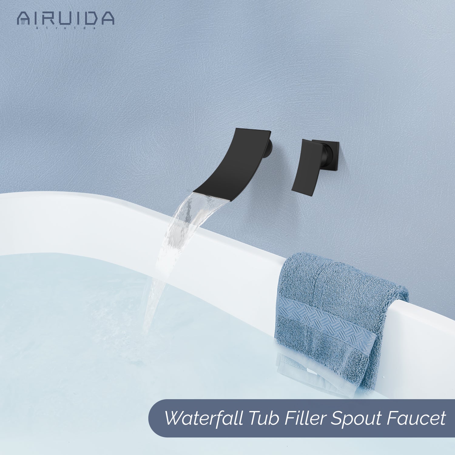 Airuida Wall Mount Wall Mount Bathtub Faucet, Tub Filler with Waterfall Tub Spout, Single Handle Bathroom Mixer Tap Brass Rough-in Valve Included