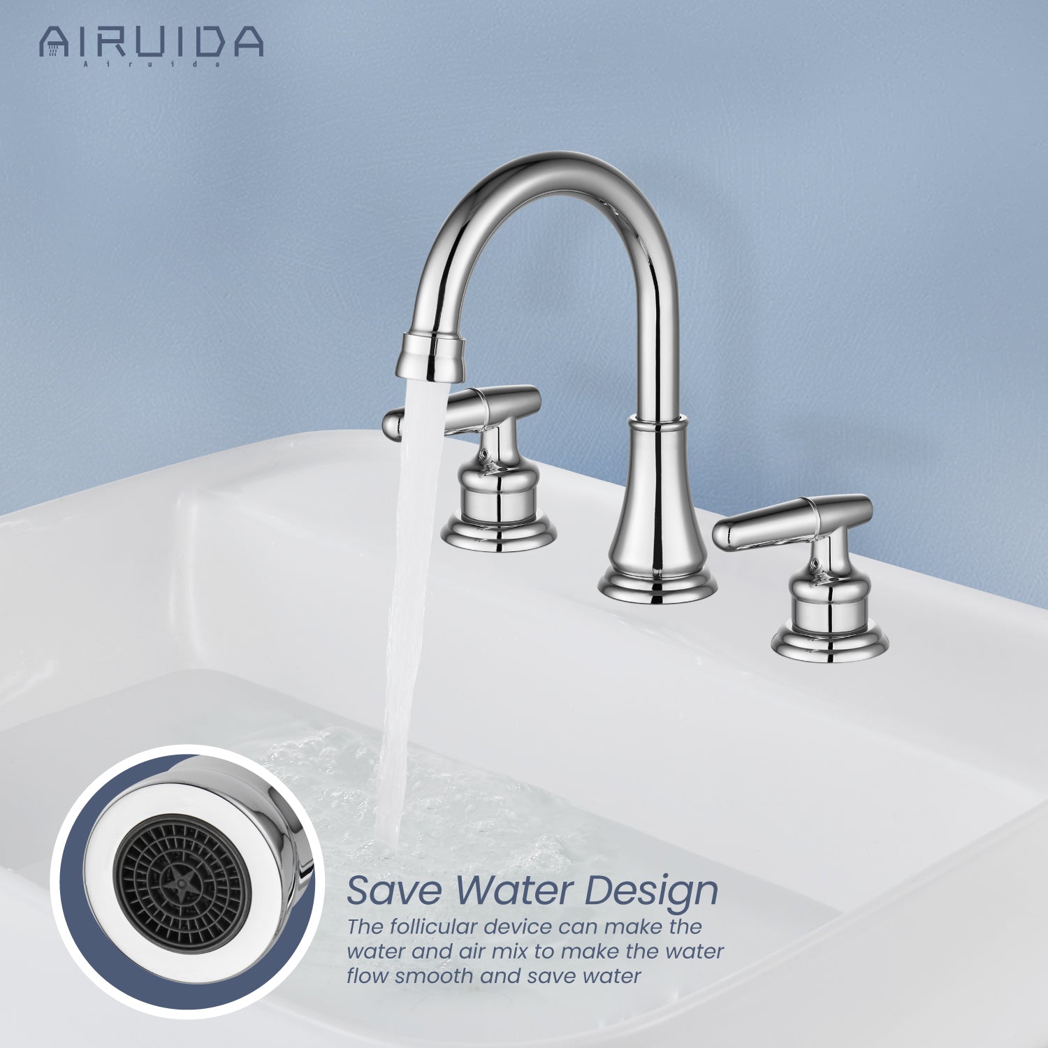 Airuida 8 Inch Widespread Bathroom Sink Faucet 2 Handles 3 Holes 360 Degree Swivel Spout Stainless Steel Lavatory Vanity Faucets Bathroom Faucets