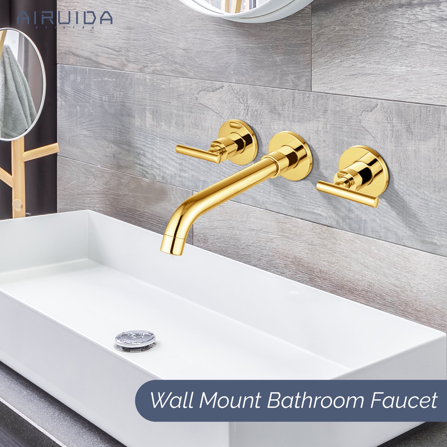 Airuida Wall Mount Bathroom Faucet Solid Brass Widespread Bathroom 360 Swivel Spout Sink Faucet Double Handles Lavatory Basin Sink Mixing Faucet with Rough in Valve