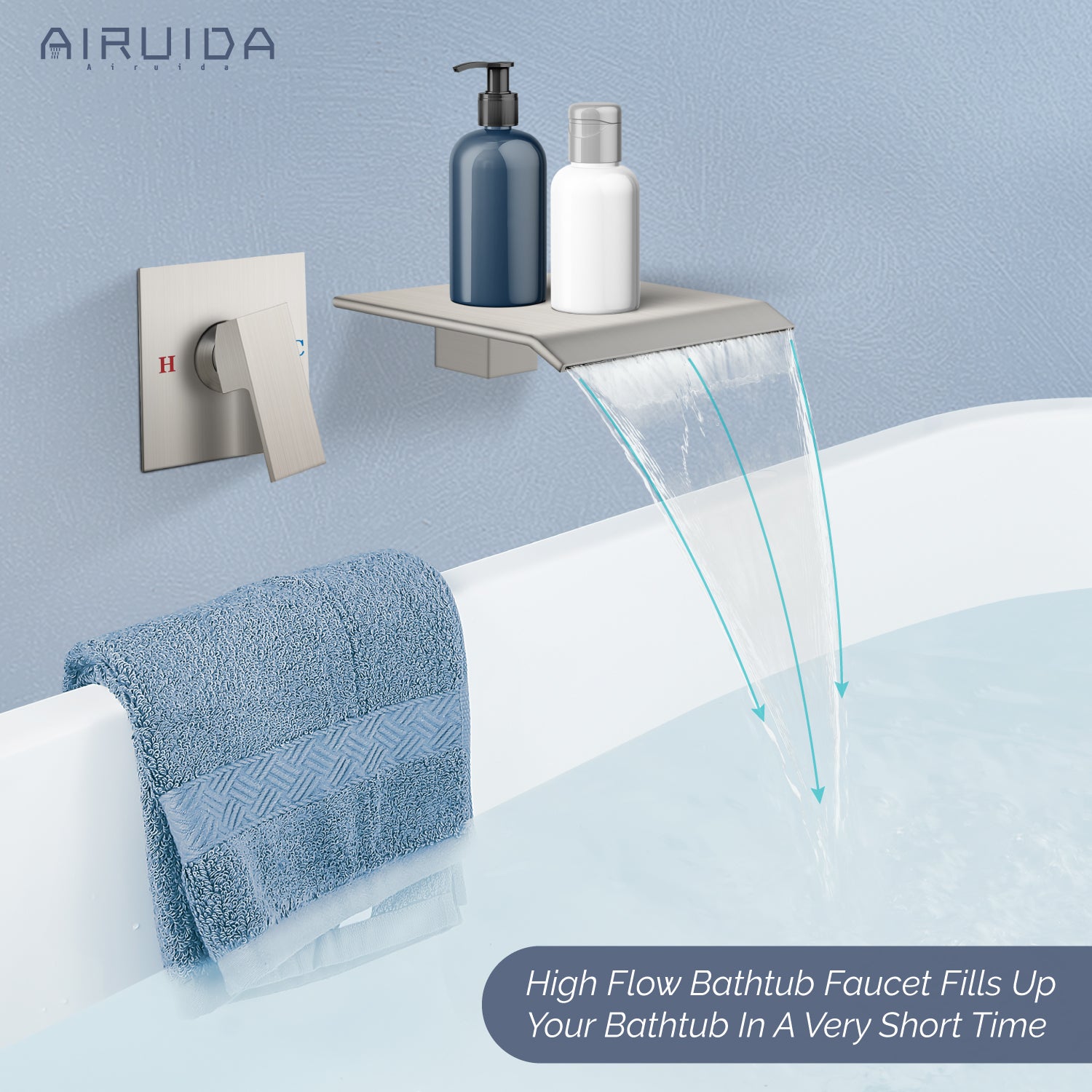 Airuida Waterfall Bathtub Faucet Set Wall Mount Tub Filler Tub Spout Shower Faucet Set with Solid Brass Rough-in Valve Trim Kit