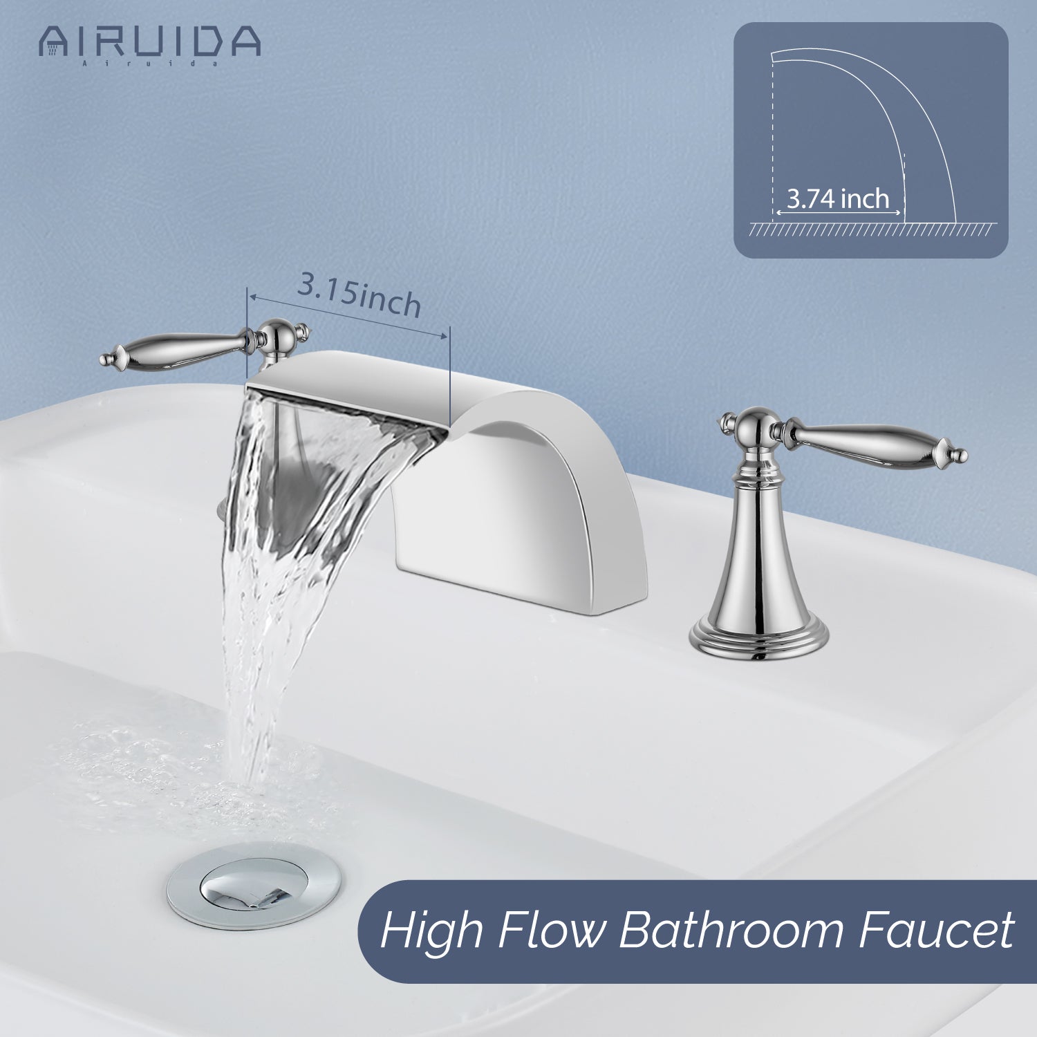 Airuida Widespread Waterfall Bathroom Faucet, Deck Mounted 8 Inch Faucet, Double Handles 3 Holes Waterfall Bathroom Faucet