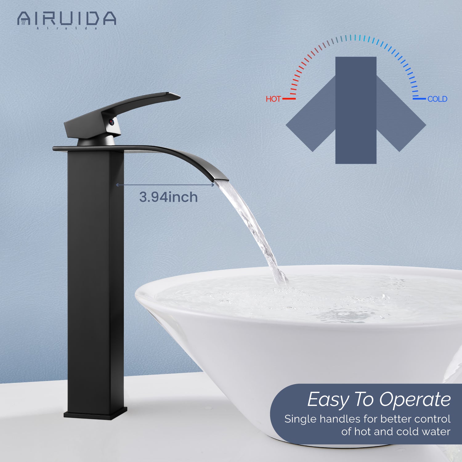 Airuida Vessel Sink Faucet Tall Waterfall Bathroom Faucet, Single Handle One Hole Mixer Bowl Tap with Large Rectangular Spout, Bar Sink Faucet Lavatory Vanity