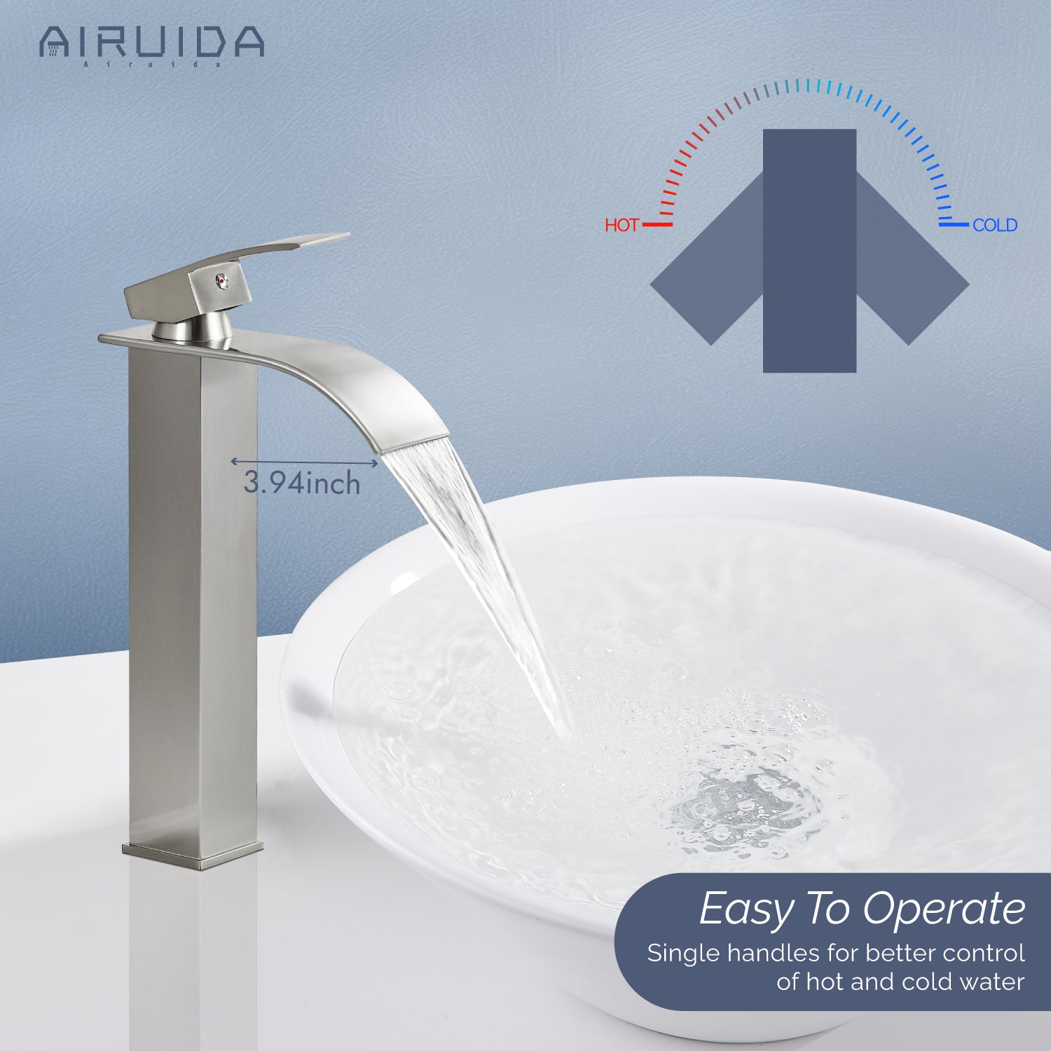 Airuida Vessel Sink Faucet Tall Waterfall Bathroom Faucet, Single Handle One Hole Mixer Bowl Tap with Large Rectangular Spout, Bar Sink Faucet Lavatory Vanity