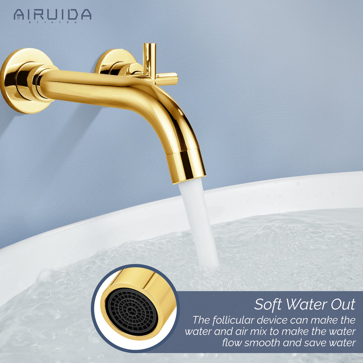 Airuida Wall Mount Bathroom Faucet Solid Brass Widespread Bathroom 360 Swivel Spout Sink Faucet Double Handles Lavatory Basin Sink Mixing Faucet with Rough in Valve