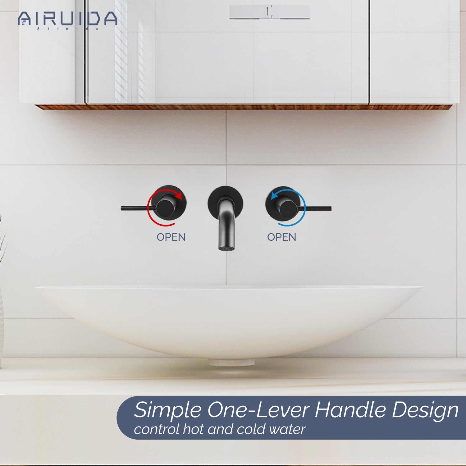 Airuida Wall Mount Bathroom Faucet Solid Brass Widespread Bathroom 360 Swivel Spout Sink Faucet Double Handles Lavatory Basin Sink Mixing Faucet with Rough in Valve