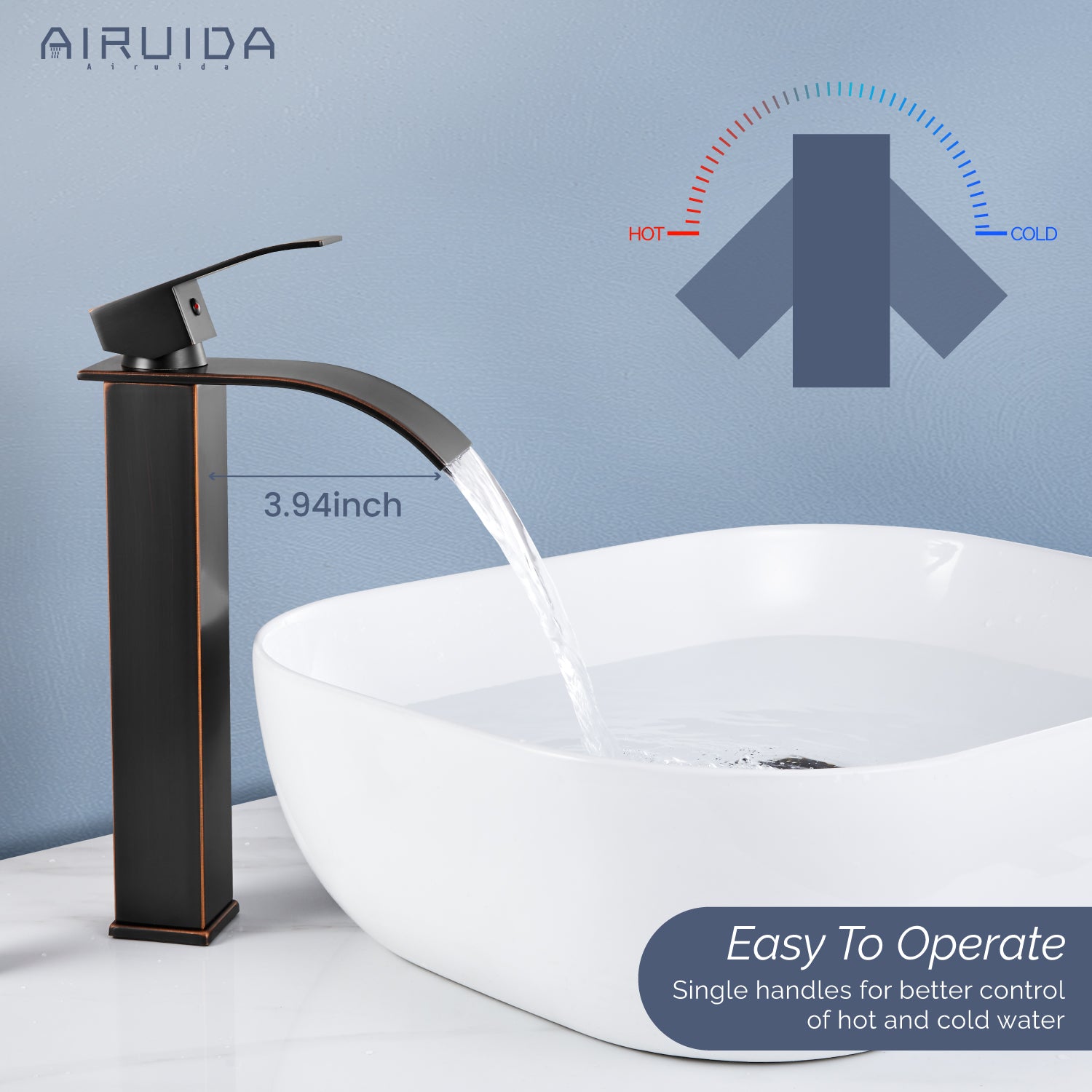 Airuida Vessel Sink Faucet Tall Waterfall Bathroom Faucet, Single Handle One Hole Mixer Bowl Tap with Large Rectangular Spout, Bar Sink Faucet Lavatory Vanity