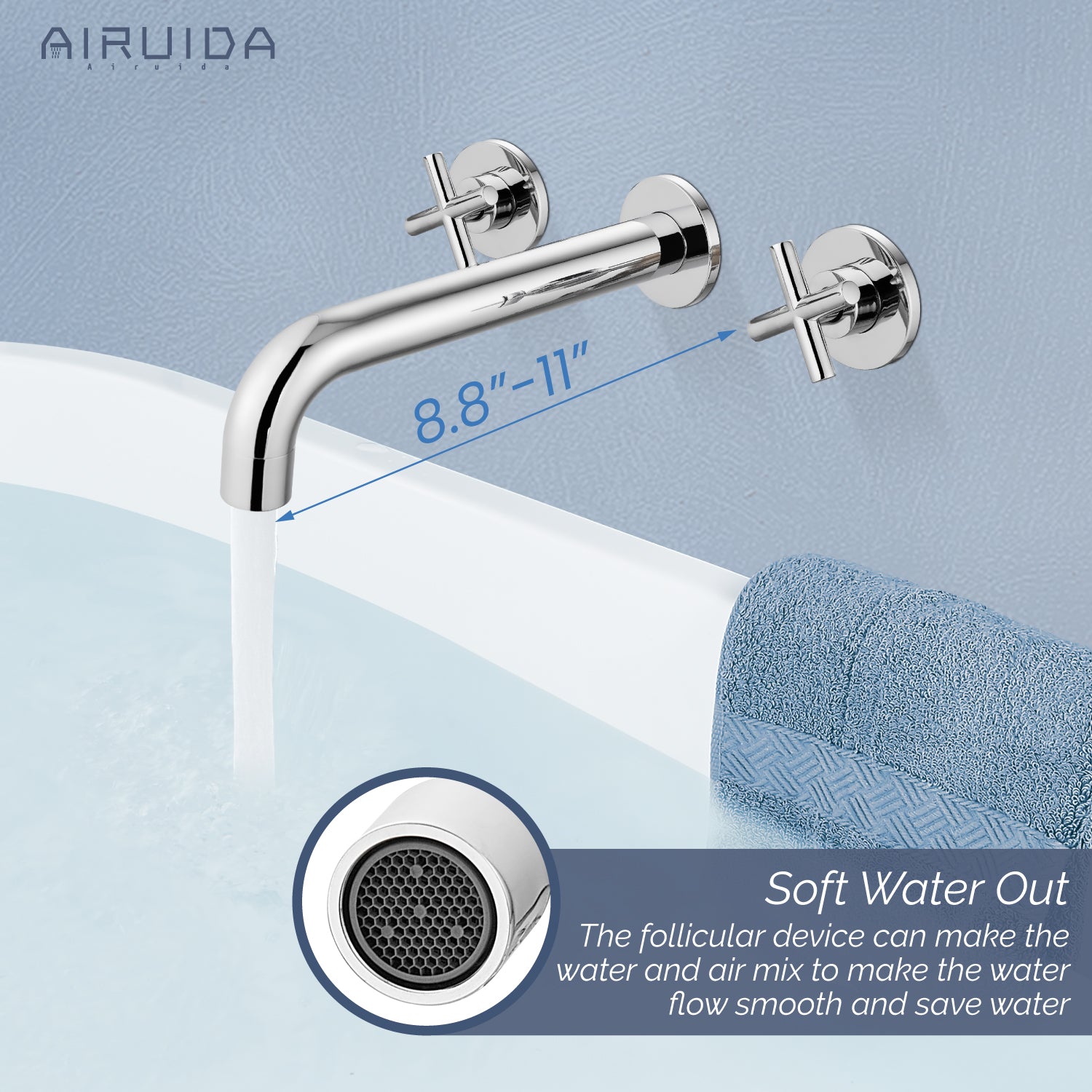 Airuida Wall Mounted Tub Faucet, Wall Mount Tub Filler,Wall Mount Bathtub Faucet with High Flow Two Cross Solid Brass Handles, Long Spout Reach with Rough-in Valve Included