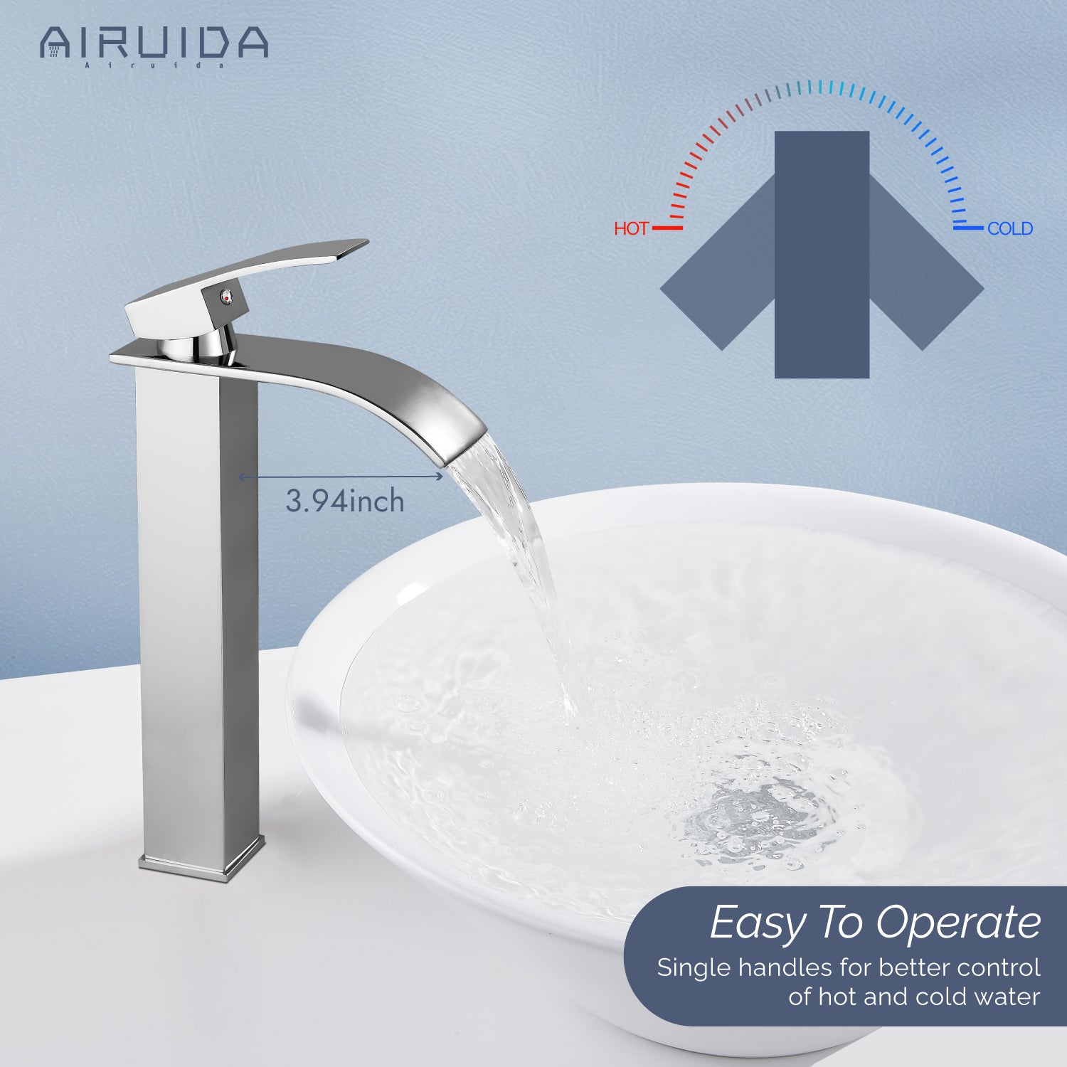 Airuida Vessel Sink Faucet Tall Waterfall Bathroom Faucet, Single Handle One Hole Mixer Bowl Tap with Large Rectangular Spout, Bar Sink Faucet Lavatory Vanity