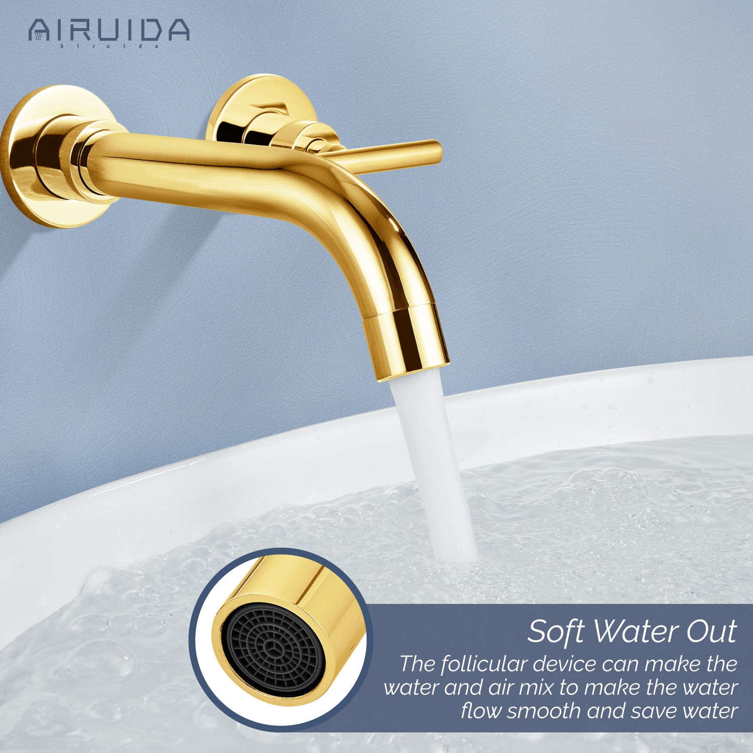 Airuida Wall Mount Bathroom Faucet Solid Brass Widespread Bathroom 360 Swivel Spout Sink Faucet Double Handles Lavatory Basin Sink Mixing Faucet with Rough in Valve