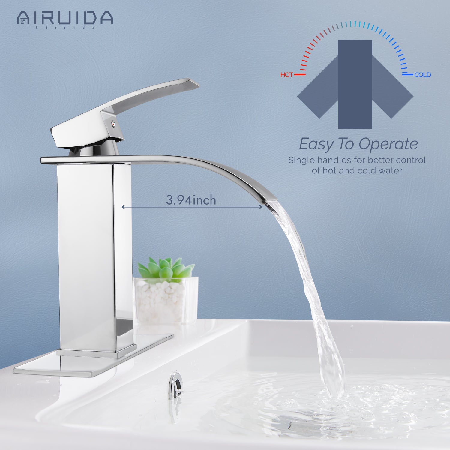 Airuida Waterfall Spout Bathroom Faucet, Single Handle Single Hole Bathroom Sink Faucet-Deck Mount with Deck Plate, Rv Lavatory Vanity Faucet