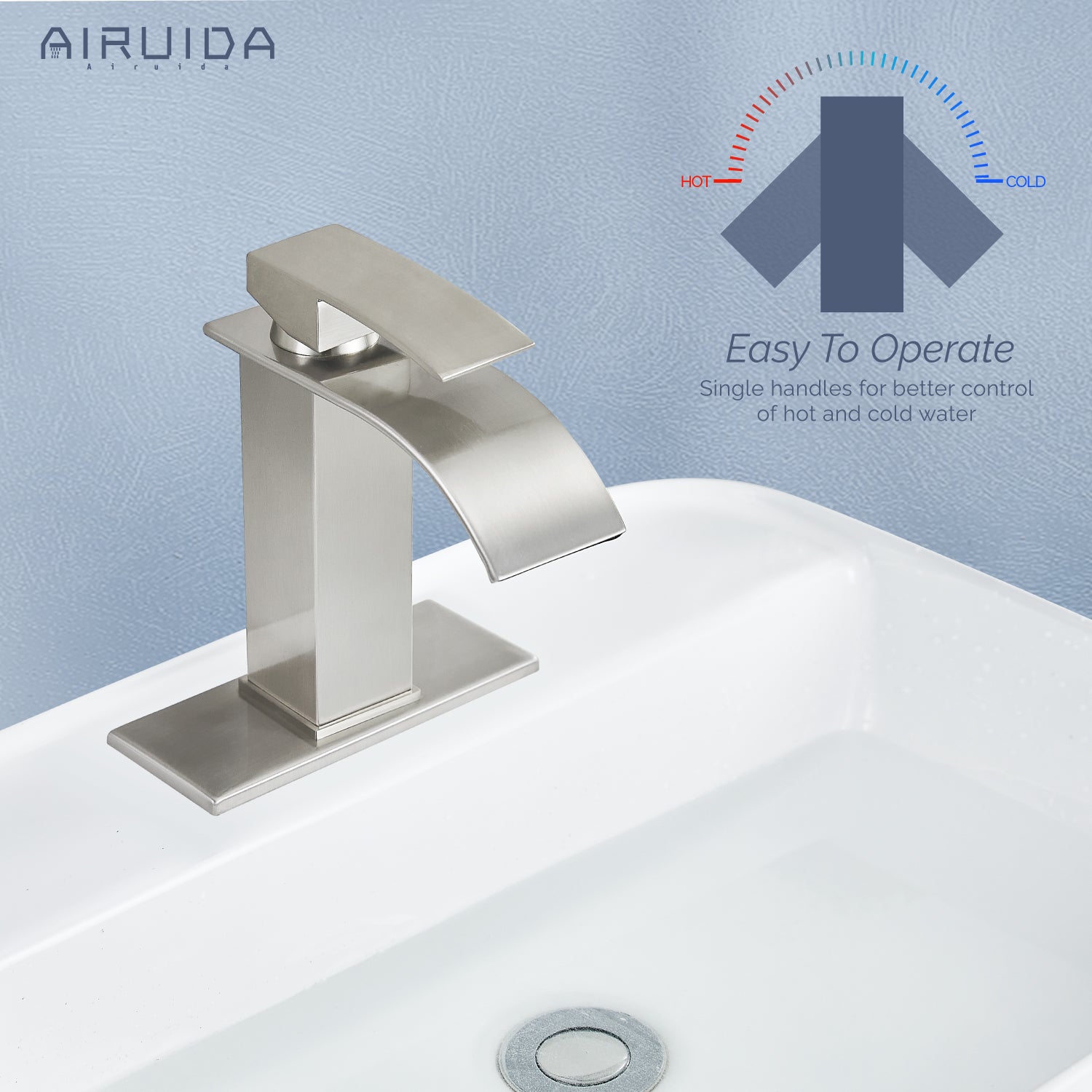 Airuida Waterfall Spout Bathroom Faucet, Single Handle Single Hole Bathroom Sink Faucet-Deck Mount with Deck Plate, Rv Lavatory Vanity Faucet