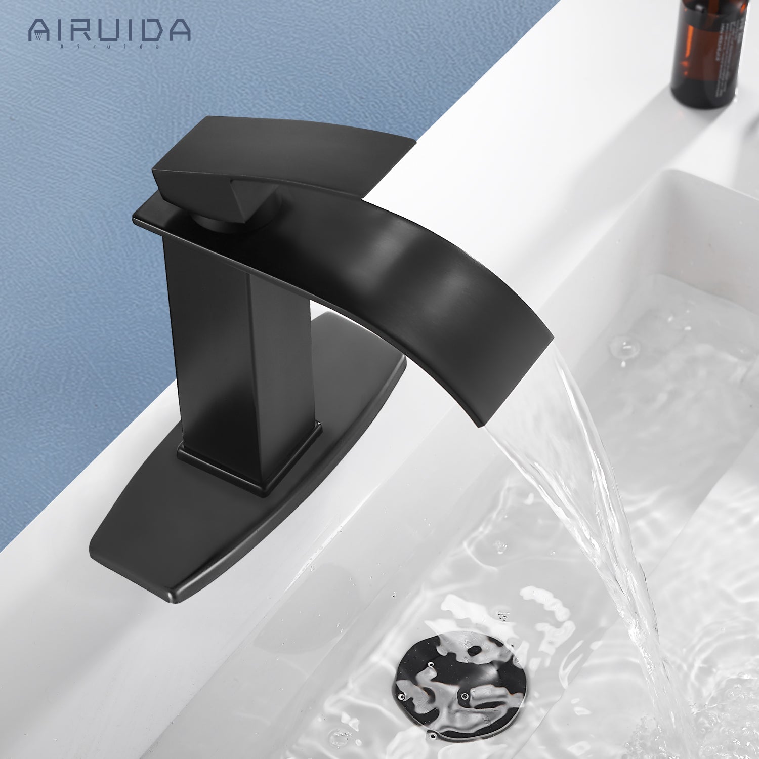 Airuida Waterfall Spout Bathroom Faucet, Rv Lavatory Vessel Faucet, Single Handle One Hole 1 or 3 Hole with Deck Plate, Bathroom Sink Faucet with Pop-up Drain
