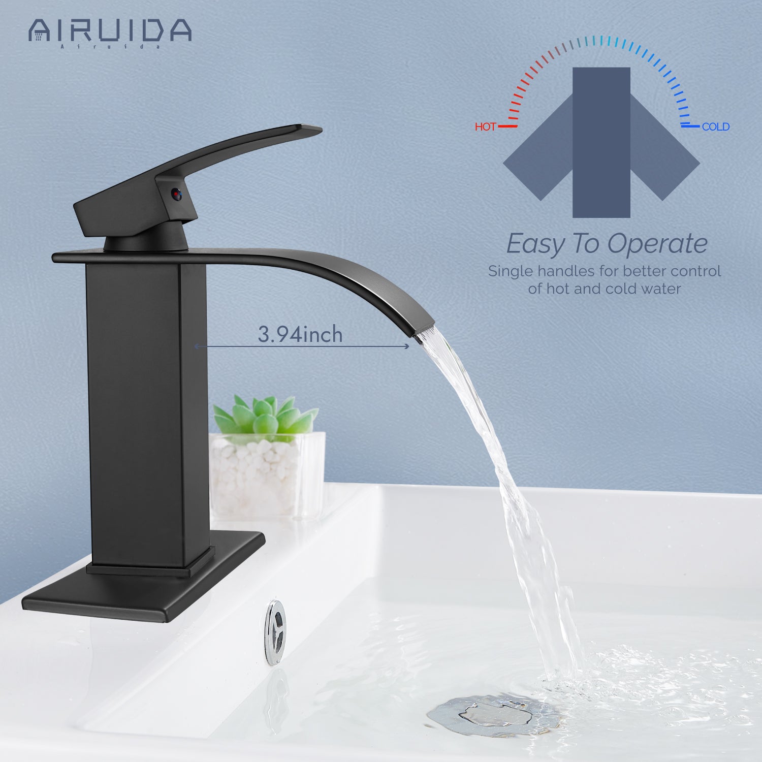 Airuida Waterfall Spout Bathroom Faucet, Single Handle Single Hole Bathroom Sink Faucet-Deck Mount with Deck Plate, Rv Lavatory Vanity Faucet