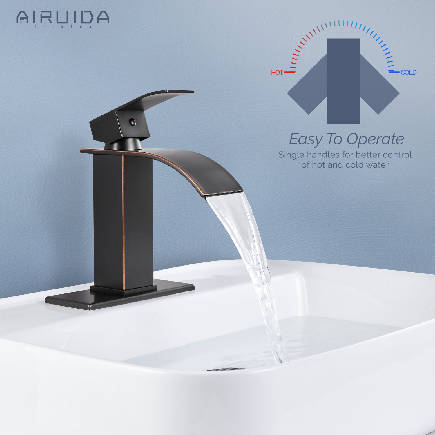 Airuida Waterfall Spout Bathroom Faucet, Single Handle Single Hole Bathroom Sink Faucet-Deck Mount with Deck Plate, Rv Lavatory Vanity Faucet