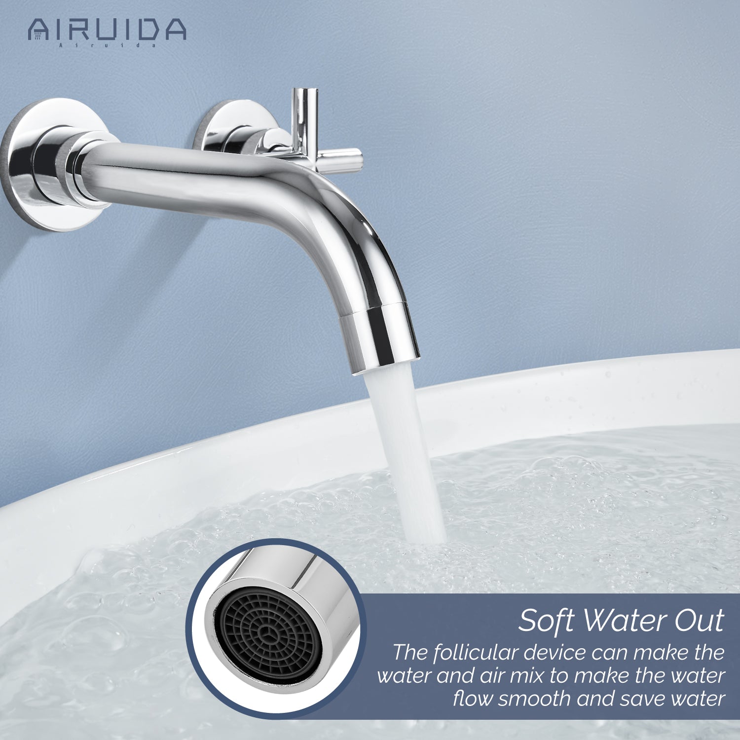 Airuida Wall Mount Bathroom Faucet Solid Brass Widespread Bathroom 360 Swivel Spout Sink Faucet Double Handles Lavatory Basin Sink Mixing Faucet with Rough in Valve