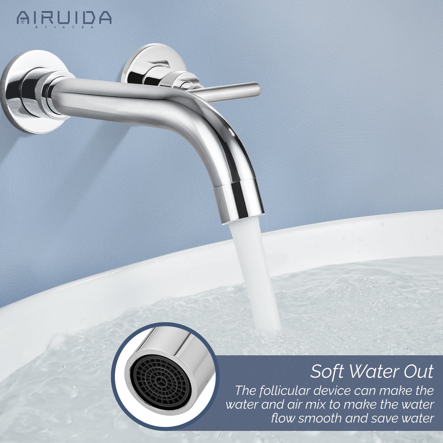 Airuida Wall Mount Bathroom Faucet Solid Brass Widespread Bathroom 360 Swivel Spout Sink Faucet Double Handles Lavatory Basin Sink Mixing Faucet with Rough in Valve