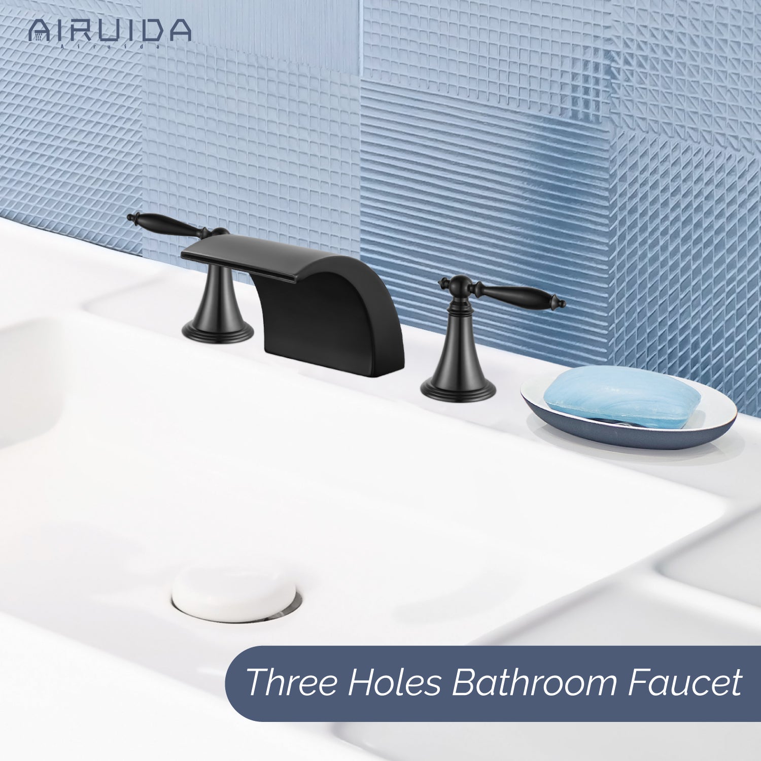 Airuida Widespread Waterfall Bathroom Faucet, Deck Mounted 8 Inch Faucet, Double Handles 3 Holes Waterfall Bathroom Faucet