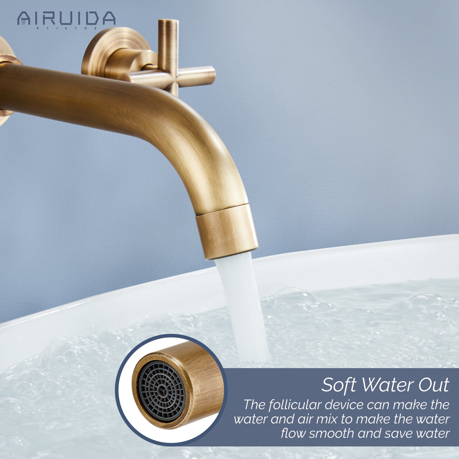 Airuida Wall Mount Bathroom Faucet Solid Brass Widespread Bathroom 360 Swivel Spout Sink Faucet Double Handles Lavatory Basin Sink Mixing Faucet with Rough in Valve