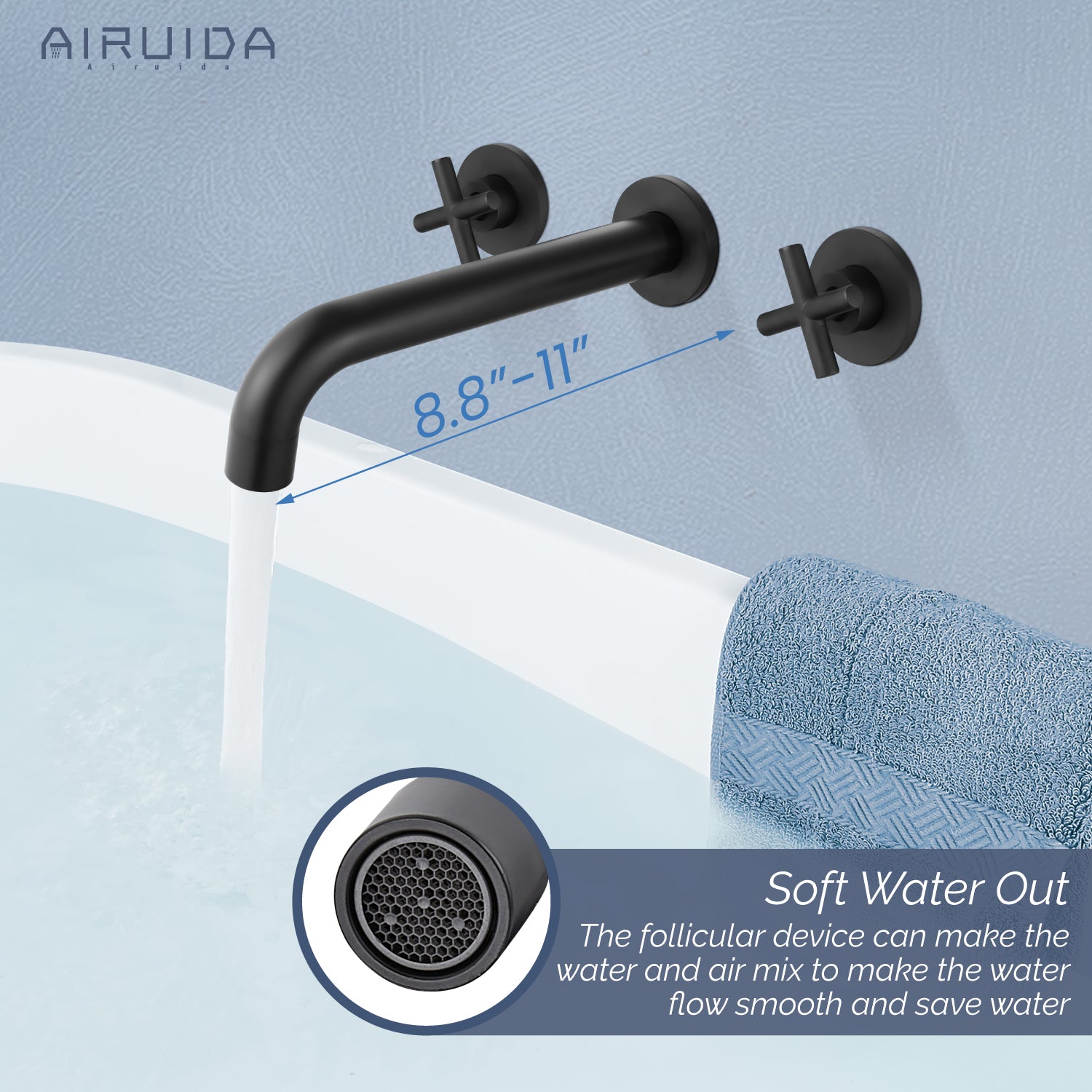 Airuida Wall Mounted Tub Faucet, Wall Mount Tub Filler,Wall Mount Bathtub Faucet with High Flow Two Cross Solid Brass Handles, Long Spout Reach with Rough-in Valve Included