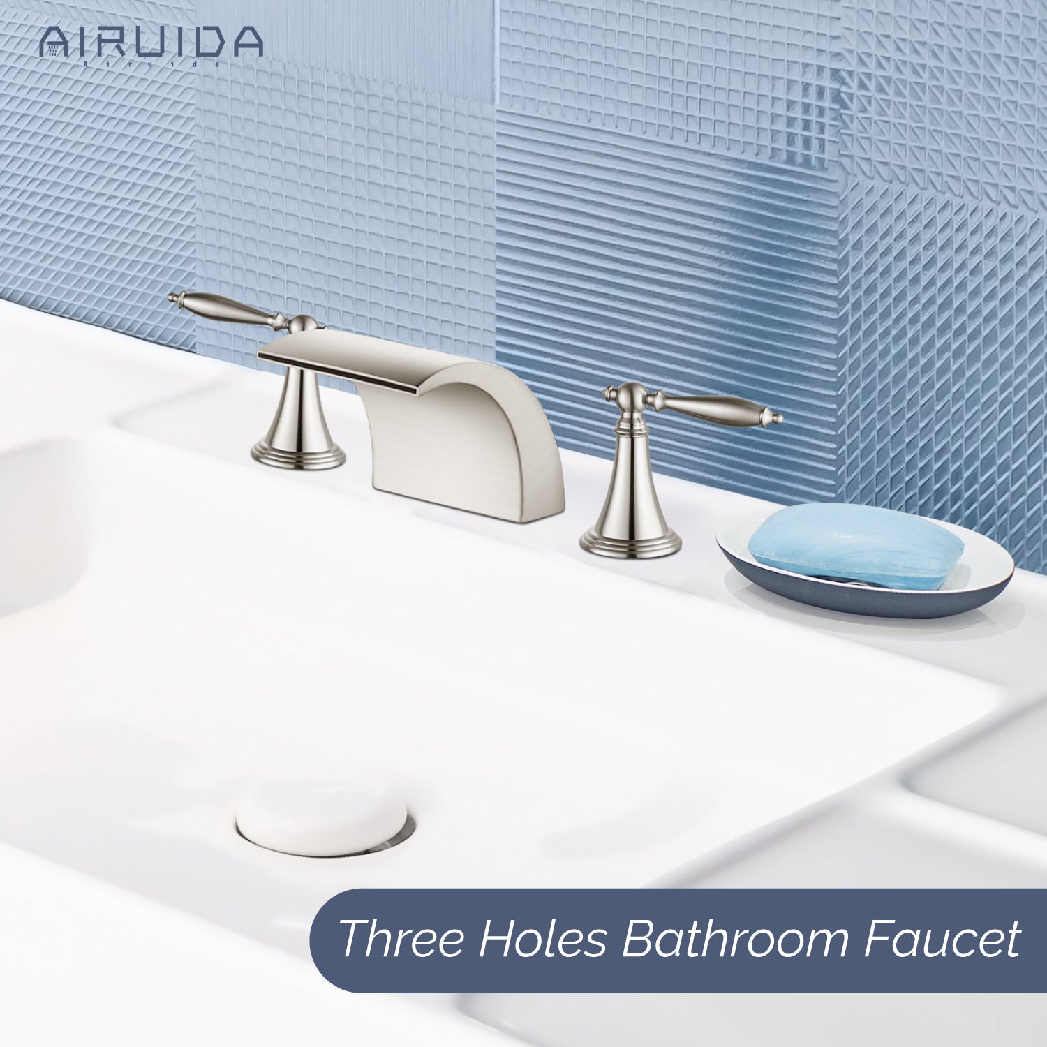 Airuida Widespread Waterfall Bathroom Faucet, Deck Mounted 8 Inch Faucet, Double Handles 3 Holes Waterfall Bathroom Faucet