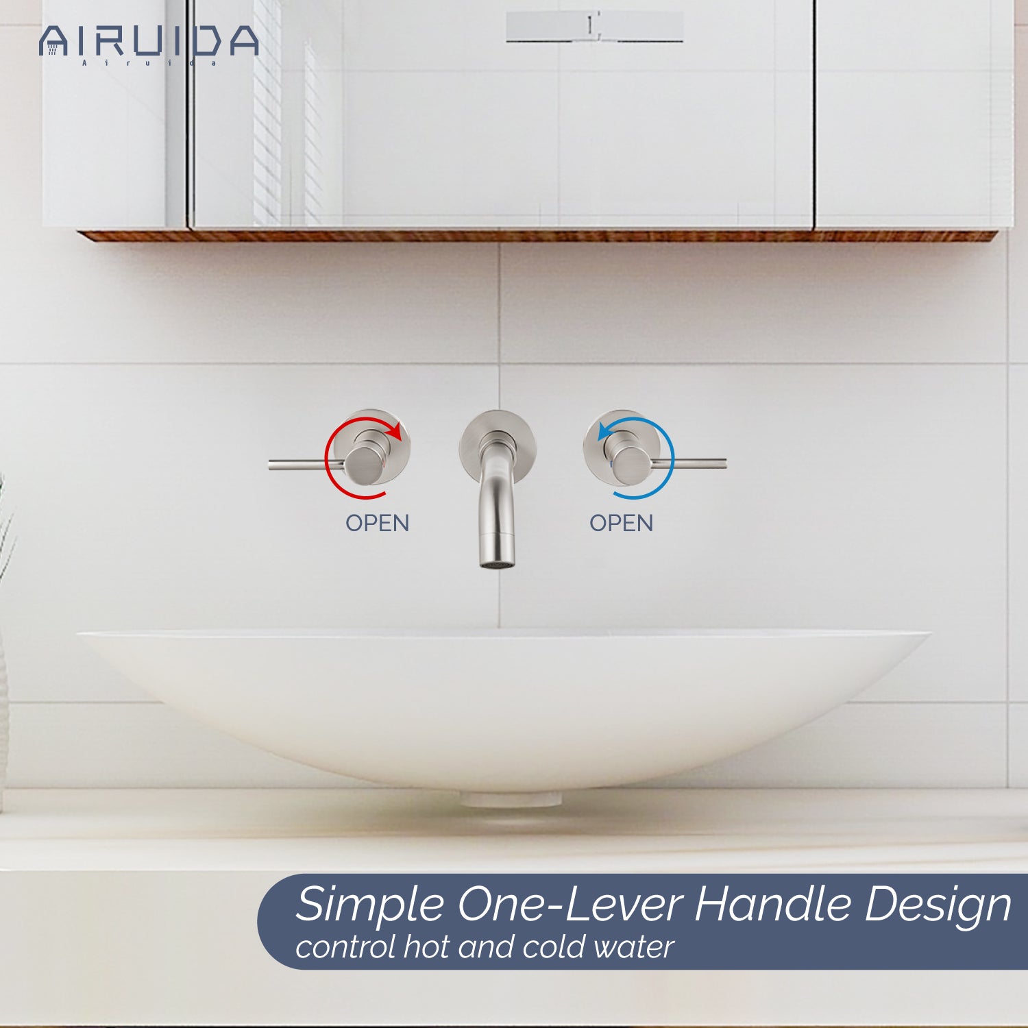 Airuida Wall Mount Bathroom Faucet Solid Brass Widespread Bathroom 360 Swivel Spout Sink Faucet Double Handles Lavatory Basin Sink Mixing Faucet with Rough in Valve