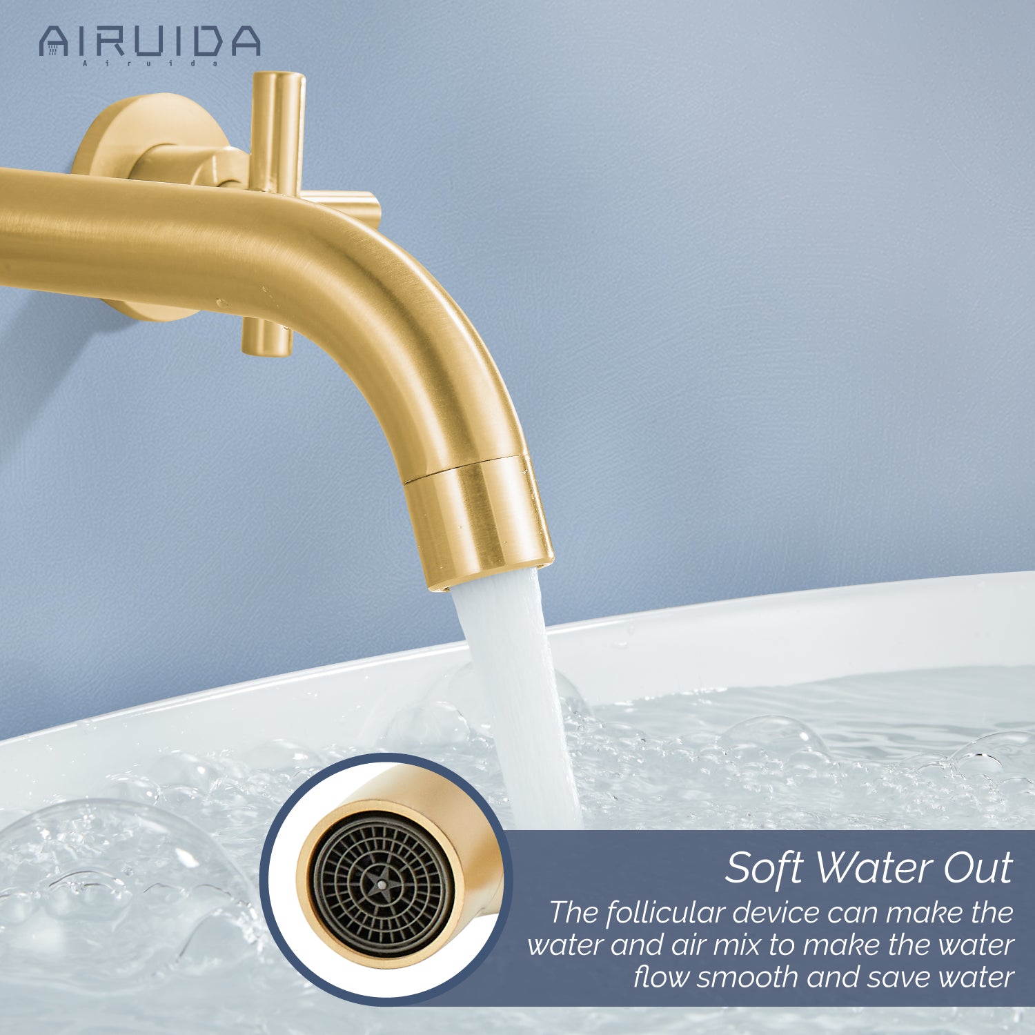 Airuida Wall Mount Bathroom Faucet Solid Brass Widespread Bathroom 360 Swivel Spout Sink Faucet Double Handles Lavatory Basin Sink Mixing Faucet with Rough in Valve