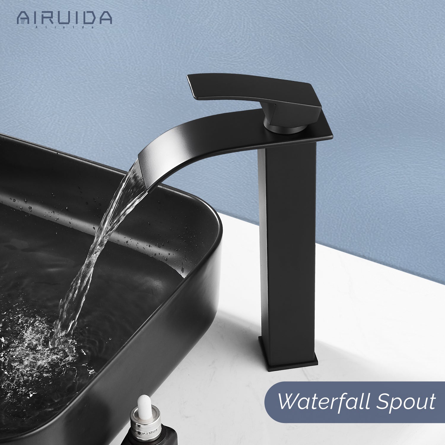 Airuida Vessel Sink Faucet Tall Waterfall Bathroom Faucet, Single Handle One Hole Mixer Bowl Tap with Large Rectangular Spout, Bar Sink Faucet Lavatory Vanity